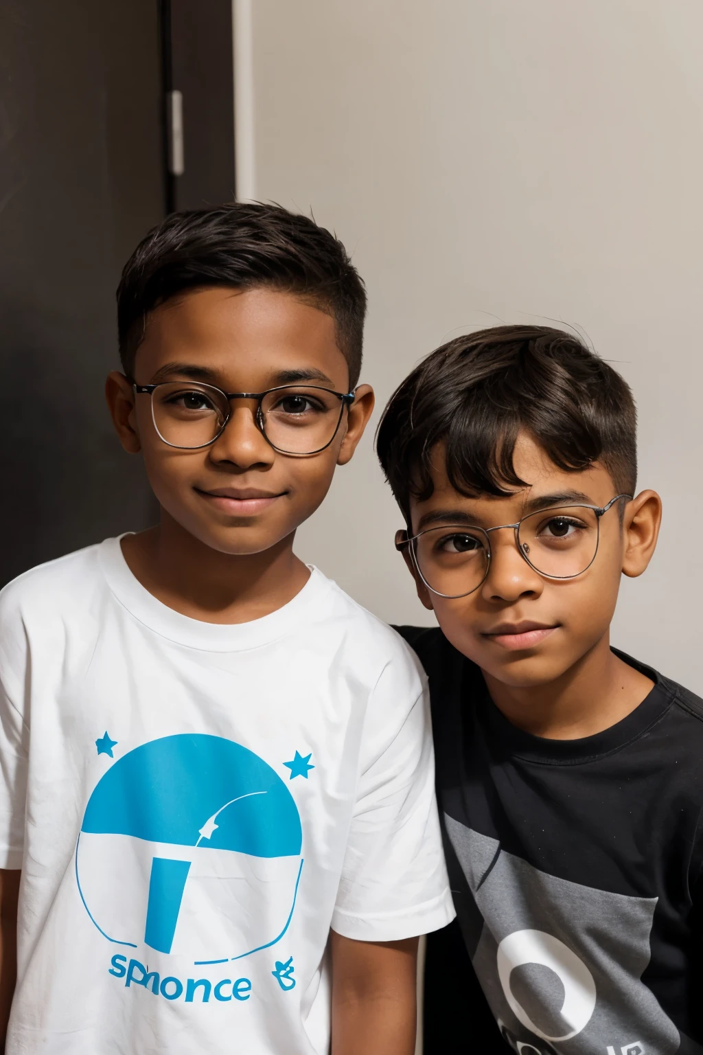 hazme un logo donde diga THE KIDS SPACE, and two young men appear, one dark-skinned and with a dark brown müllet haircut and like round silver glasses., and the other young man a little cuter with the same haircut but without glasses