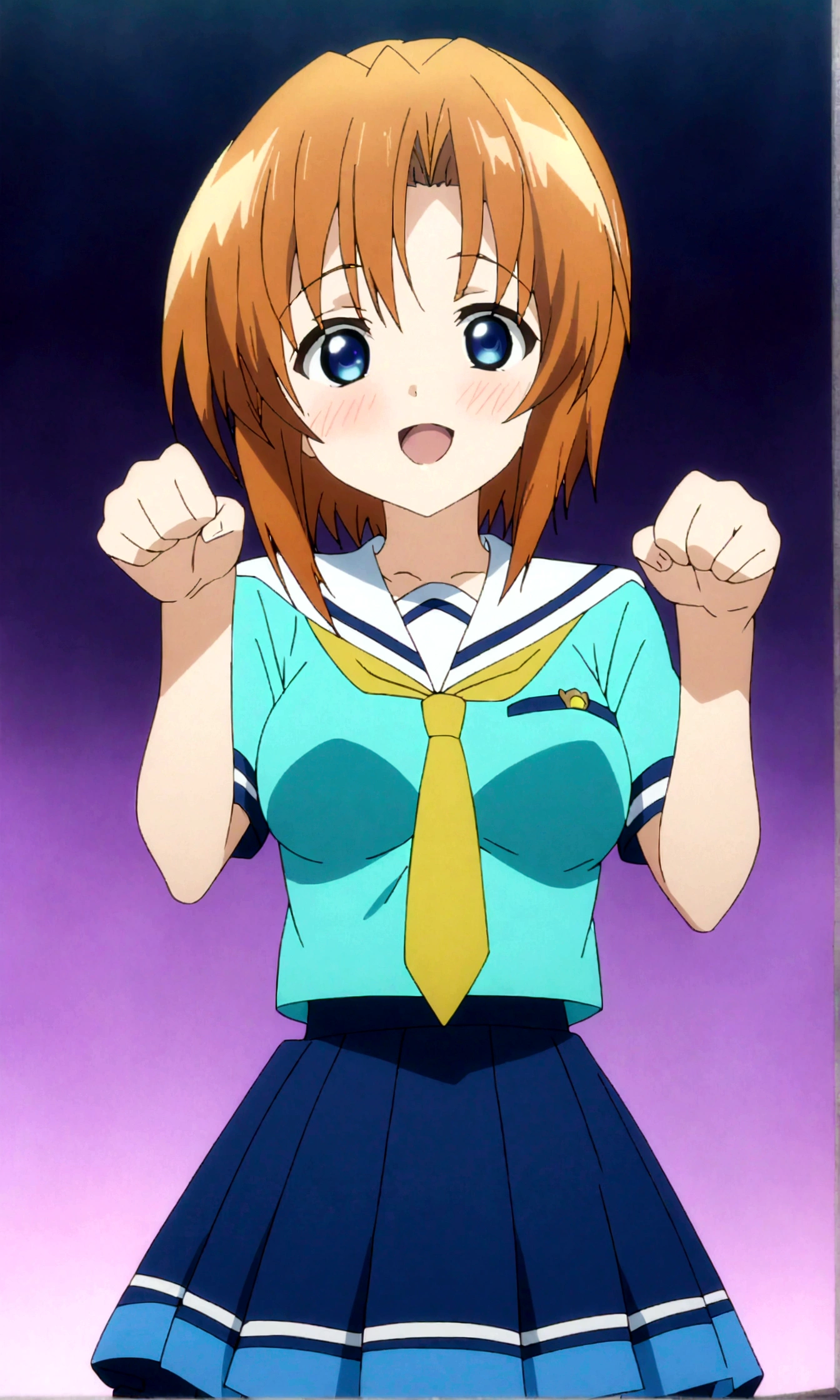 score_9, score_8_up, score_7_up, source_anime, , 1girl, ryuuguu rena, solo, teenage, kawaii, breasts, medium breasts, blue eyes, blush, open mouth, orange hair, short hair, breasts, simple background, white background, blue , serafuku, skirt, smile, pleated skirt, blue skirt, necktie, yellow necktie,(paw pose,hands up)straight-on,anime screencap, anime coloring,(best quality),(aesthetic,very aesthetic),anime keyvisual,sharp focus,depth of field,,professional lighting,cinematic lighting,
