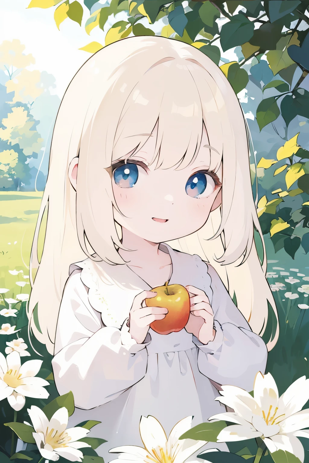 Photorealistic、Chibi Girl Doll（Apple-themed clothing、Have a magic wand、smile）,8k, photorealistic, beautiful detailed eyes, beautiful detailed lips, extremely detailed face and skin, intricate details, vibrant colors, natural lighting, pastoral, serene, tranquil, cozy, cute, adorable, kawaii