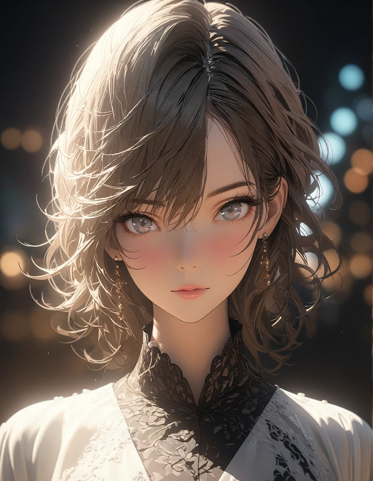 A beautiful opponent、Perfect Face、Loose depiction、Eyes are hollow focus、Rough、Formal wear、checkmate、Overlooking from afar、close、Rim light transparent special effect、Full body portrait、OC Renderer、Octane Renderer、Pure White Background、 High detail、4K、masterpiece.