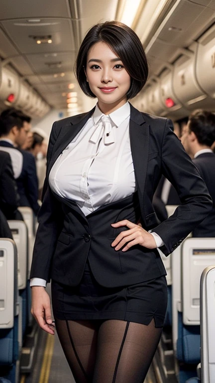 1beautiful womanl, 28years、hyperdetailed face、Detailed lips、A detailed eye、double eyelid、(Black bob hair、Smiling while walking gracefully down the aisle)、(Stewardess uniform:1.2)、、((Stewardess suits)) ((blaclk tights stockings)) (Glamorous body)、(Colossal tits)、((short-cut hair))、(large full breasts)(big butts)(Plump body)(plump body shape)( large full breasts)(Colossal tits)((J-Cup))、highs thighs thighs thighs, Perfect fit, Perfect image realism, Background with: (Business Class aisle on airplanes:1.2), Cowboy Shot, Meticulous background, detailed costume, Perfect litthing、Hyper-Realism、(Photorealsitic:1.4)、8K maximum resolution, (masterpiece), ighly detailed, Professional