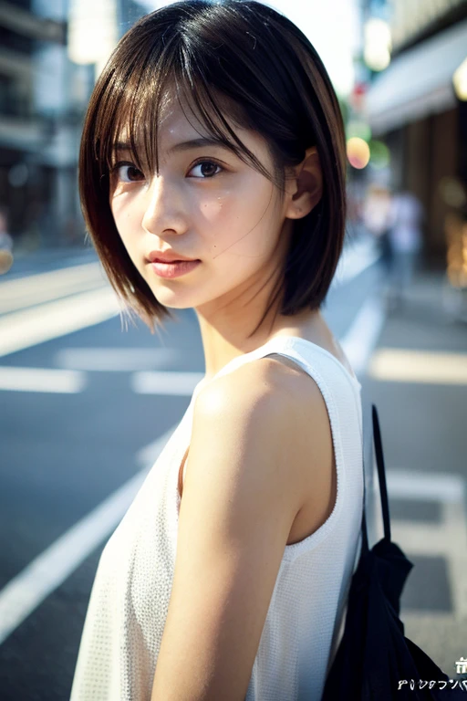 Analog Style, RAWphotograph, photograph, Hyperrealistic, amateur photo shot , Aesthetic artwork, ((Magazine Cover、Large text)), On the city streets, Detailed skin, detailed natural raw light, Very detailedな, Cinematic, highest quality, Super detailed, Very detailed, grain, noise, Heading, stylish, font, Memorable、A boyish and healthy beautiful girl,((Flowing sweat)) Beautiful Eyes, Realistic eyes, Beautiful details in the eyes, (Realistic Skin),Japanese Idols、short hair、High school girl、Short skirtチョーカー