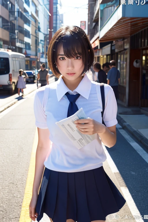 Analog Style, RAWphotograph, photograph, Hyperrealistic, amateur photo shot , Aesthetic artwork, ((Magazine Cover、Large text)), On the city streets, Detailed skin, detailed natural raw light, Very detailedな, Cinematic, highest quality, Super detailed, Very detailed, grain, noise, Heading, stylish, font, Memorable、A boyish and healthy beautiful girl,((Flowing sweat)) Beautiful Eyes, Realistic eyes, Beautiful details in the eyes, (Realistic Skin),Japanese Idols、short hair、High school girl、Short skirtチョーカー