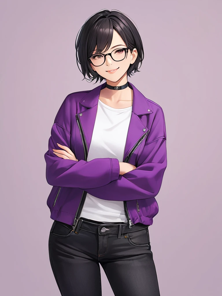 Tomboy mature girl, smile confident, Black short hair, wearing cool black eyeglass, wearing plain black chokers, wearing short purple jacket closed zipper, wearing black long jeans, crossing arms over the chest, White plain background.