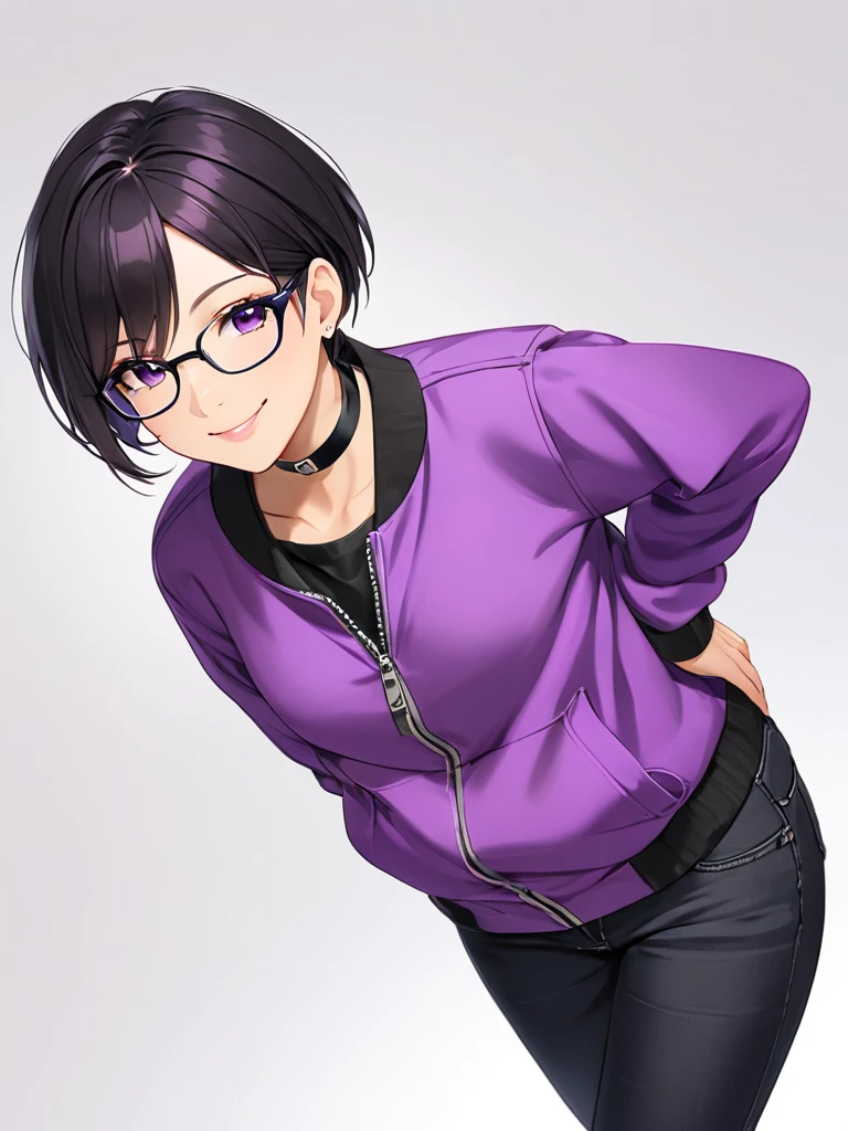 Tomboy mature girl, smile confident, Black short hair, wearing cool black eyeglass, wearing plain black chokers, wearing short purple jacket closed zipper, wearing black long jeans, crossing arms over the chest, White plain background.
