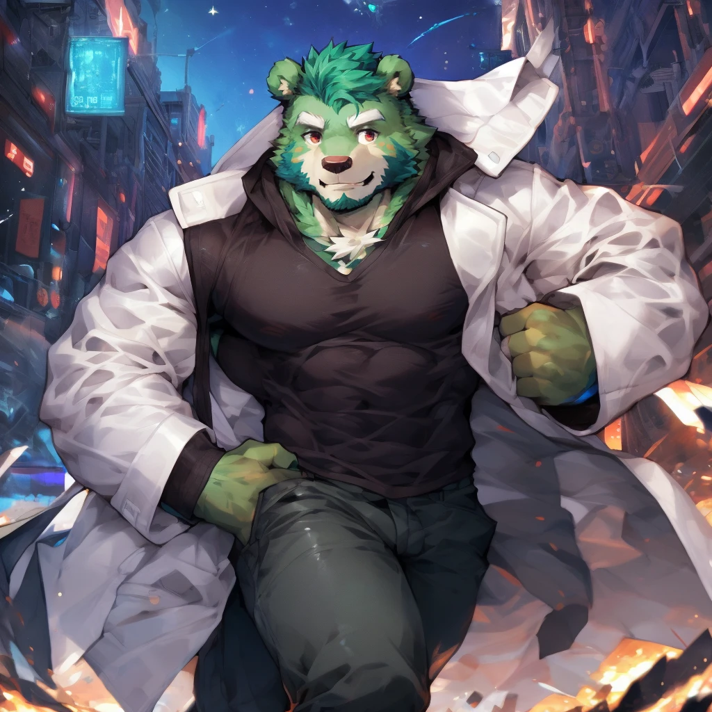 masterpiece, high quality, anime, detailed eyes, male jinpei, anthro, bear, Great physique, strong arms manly, in the Space, Walking in the city, Future city, Casual suit, (((green bear))), (((green fur))), green hair, beard, white eyebrows, bald, detailed red eyes, tall, (Rainbow Spark), Shimmering crystal flower, Joyful, (black t-shirt inside), (((white unhooded trench coat ))), by zixiong, by null-ghost, by pino daeni