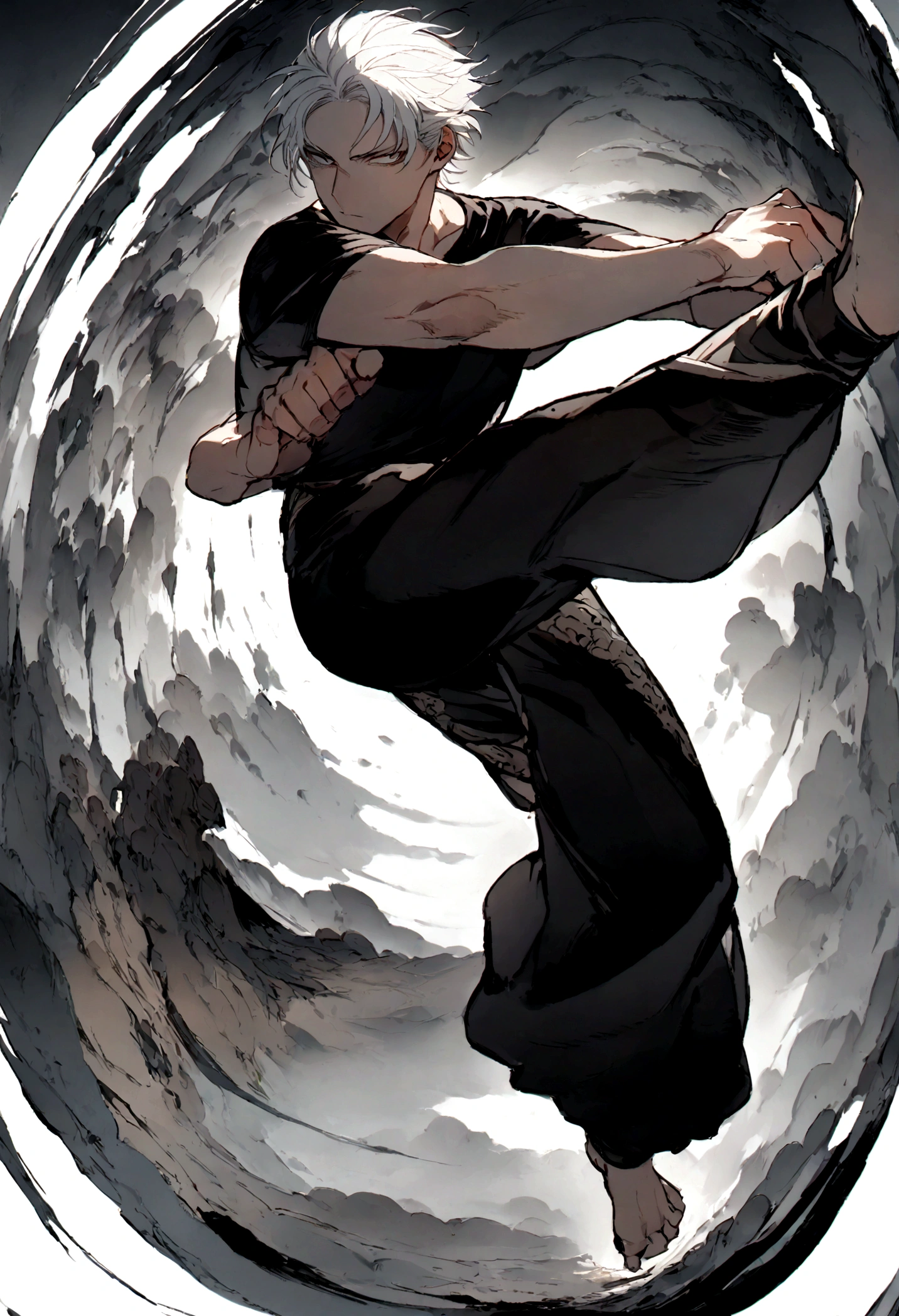 male boy white hair, black t-shirt, kung fu pants, dynamic pose, carrying a rock hanging from his back, panoramic image with fisheye effect,