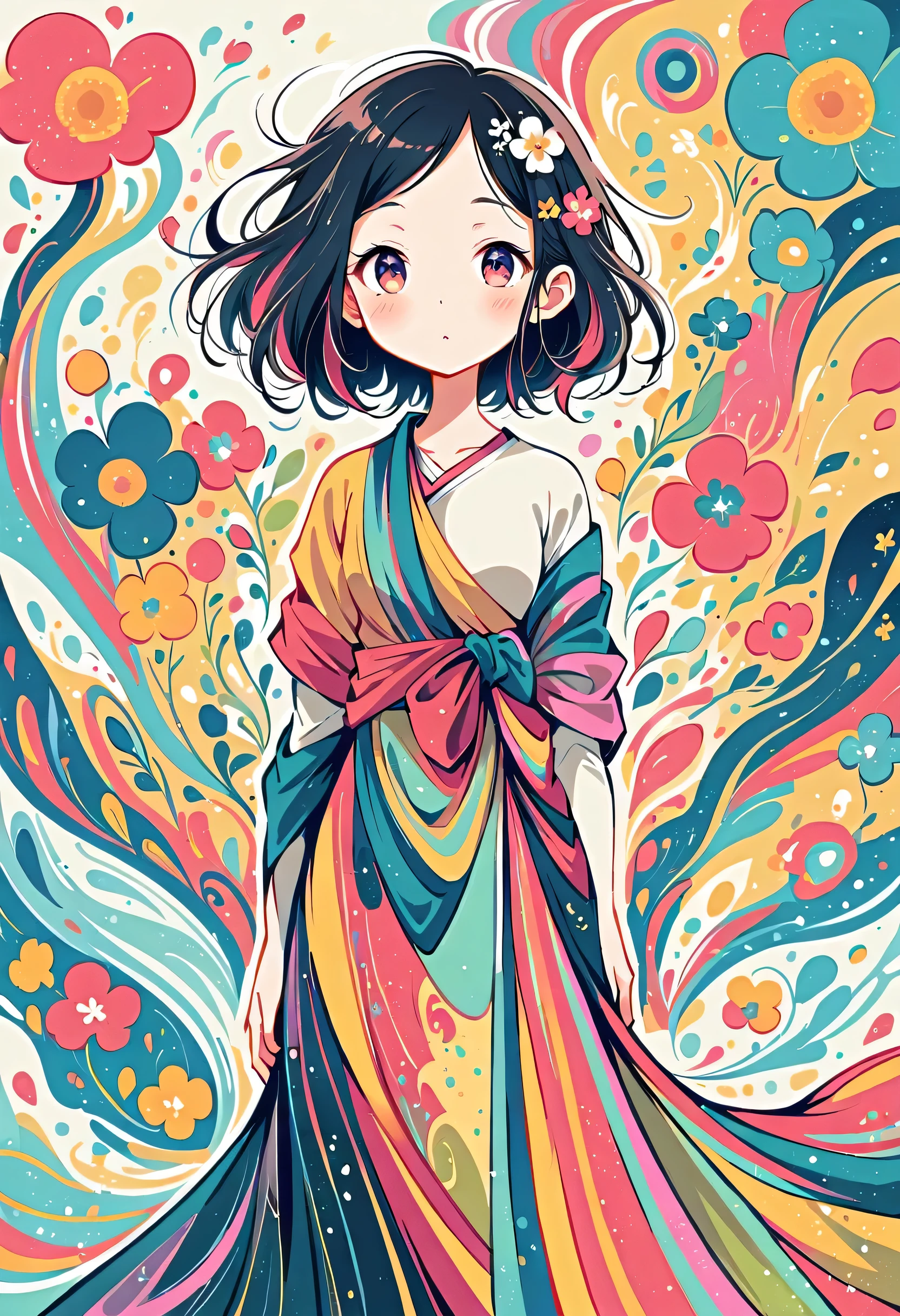 Komugiko 2000 Style, Standing in front of a high wall,Simple Line Initialism,Abstract art,Urban Background, (((The most beautiful girl))), colorful flowers