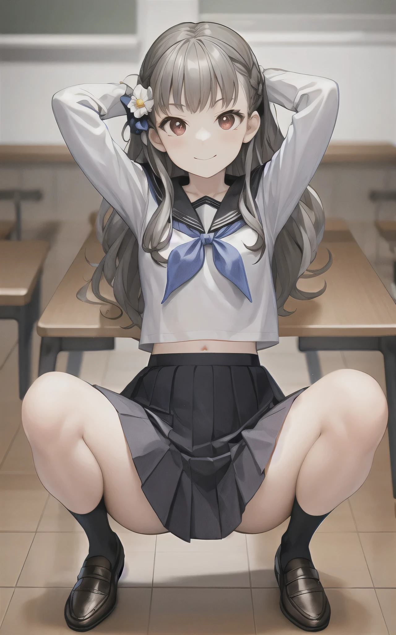 masterpiece, best quality,Iori Fuyusaka 1, 1 woman, alone, hair flower, , headdress, flower, skirt, long hair, serafuku, shoes, whole body, loafers, pleated skirt, black skirt, gray hair, white flower, gray eyes, outline, long sleeves, looking at viewer, white socks, smile, turn red face, arms behind head, spread legs, squatting, pussy, Highly detailed classroom background, both arms up, straight on