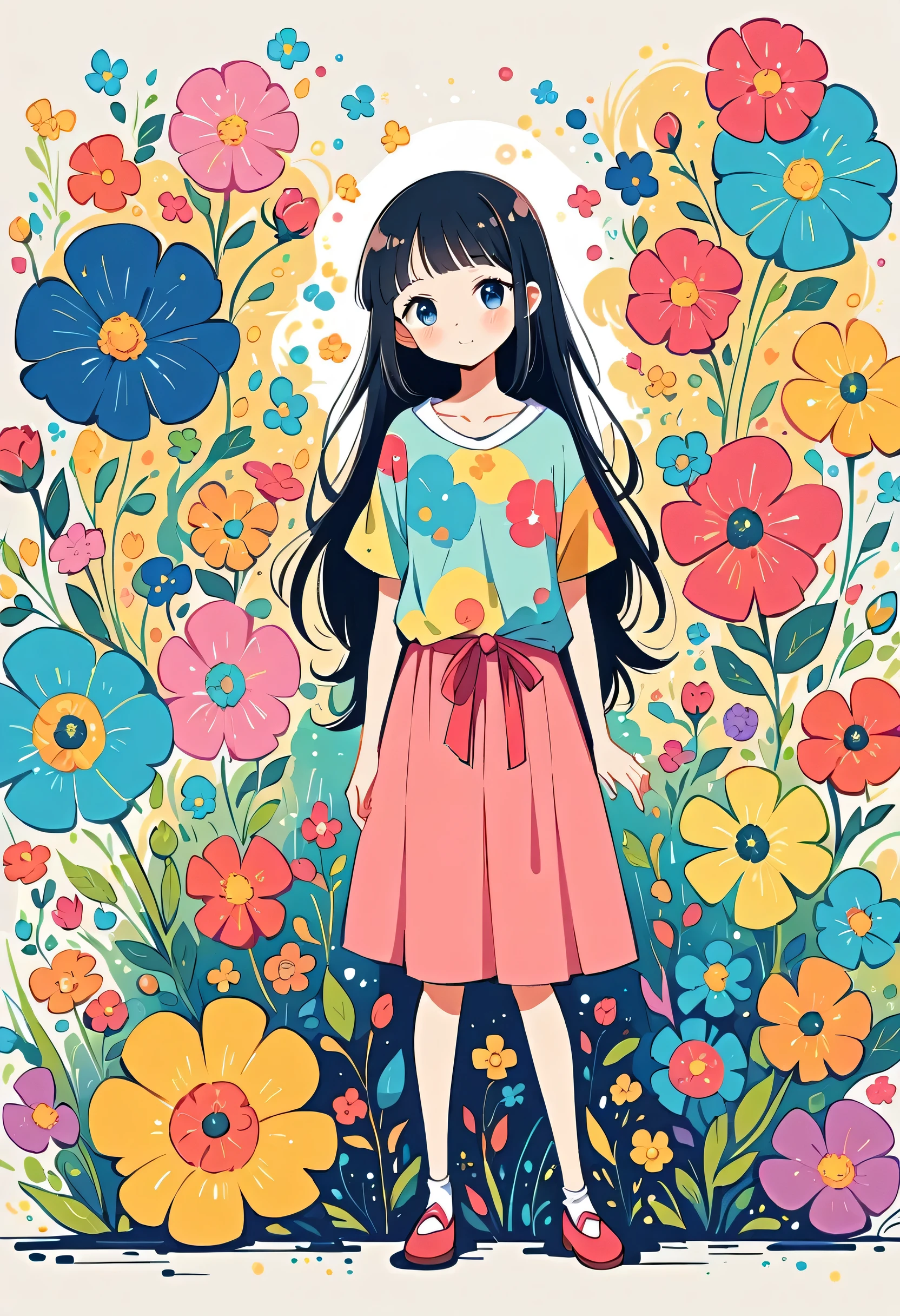 Komugiko 2000 Style, Standing in front of a high wall,Simple Line Initialism,Abstract art,Urban Background, (((The most beautiful girl))), colorful flowers