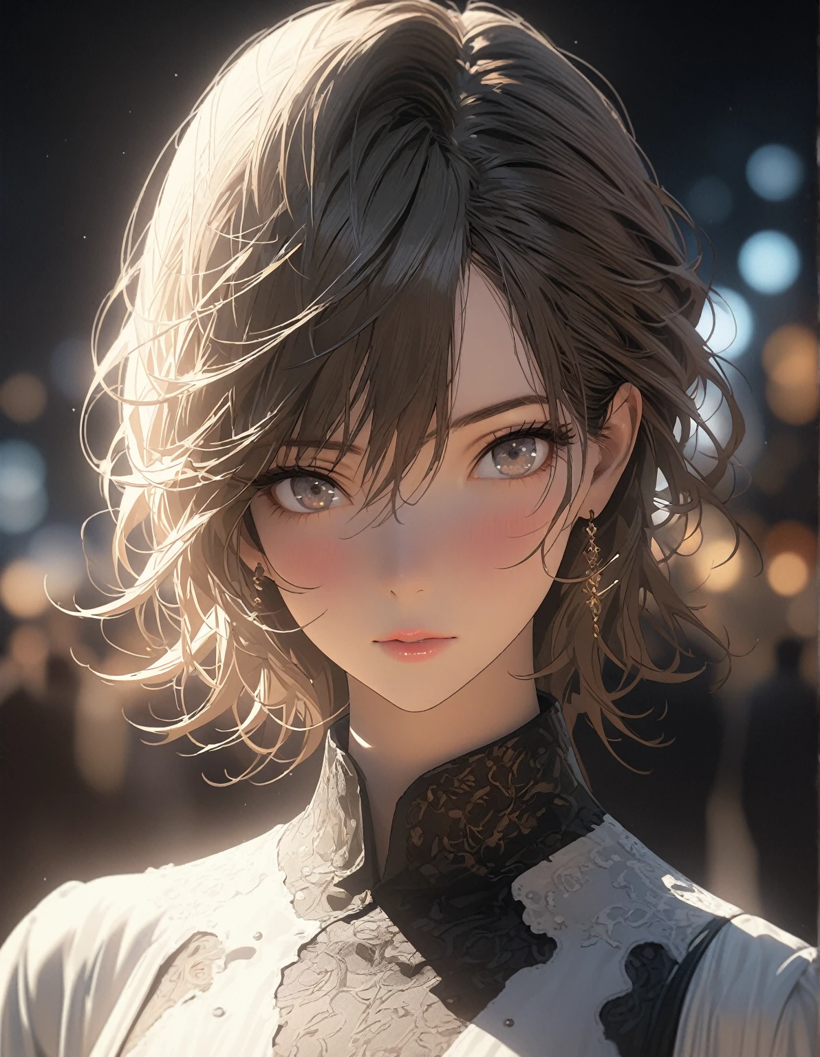 A beautiful opponent、Perfect Face、Loose depiction、Eyes are hollow focus、Rough、suit、checkmate、Overlooking from afar、close、Rim light transparent special effect、Full body portrait、OC Renderer、Octane Renderer、Pure White Background、 High detail、4K、masterpiece.
