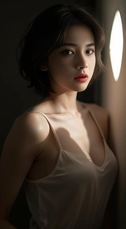 best quality, Masterpiece, Ultra high resolution, (realistic:1.5), raw photos, 1 girl,, in the dark, deep shadow, low voice, cool light, sexy look, short hair, smooth , sexy, good silk , leaf shadow, sheer