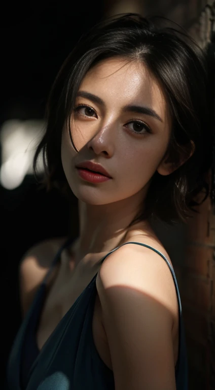 best quality, Masterpiece, Ultra high resolution, (realistic:1.5), raw photos, 1 girl,, in the dark, deep shadow, low voice, cool light, sexy look, short hair, smooth , sexy, good silk , leaf shadow, sheer