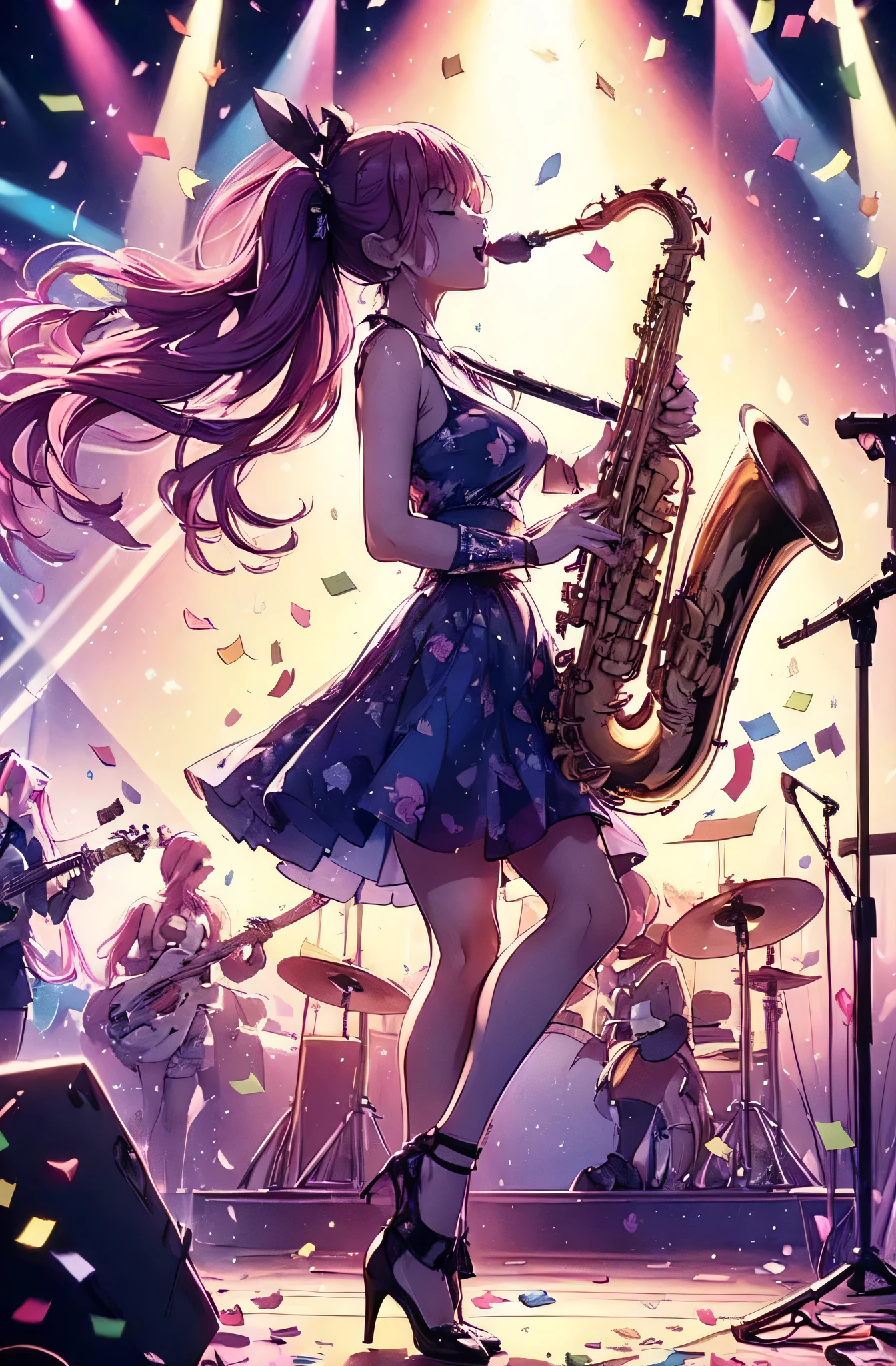 Only one female, (Playing the saxophone), (Dynamic pose), (Stylish clothing), Mature Woman, /(Pink Hair/) bangs, (((Half Twin Tail))),(I closed my eyes a little.), (Saxophone in mouth), (Masterpiece of the highest quality:1.2) Delicate illustrations, super detailed, Big Break (Colorful confetti:1.2) Dance Down Break (Music Stage) indoor, Colorful confetti, Spotlight, audience, Detailed Background,Megumi Aikawa,