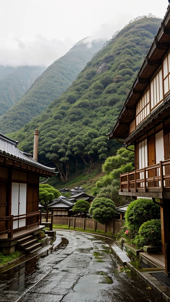traditional Japanese house, small asphalt road, electricity poles, lots of trees, visible high cliffs, cloudy, wet road