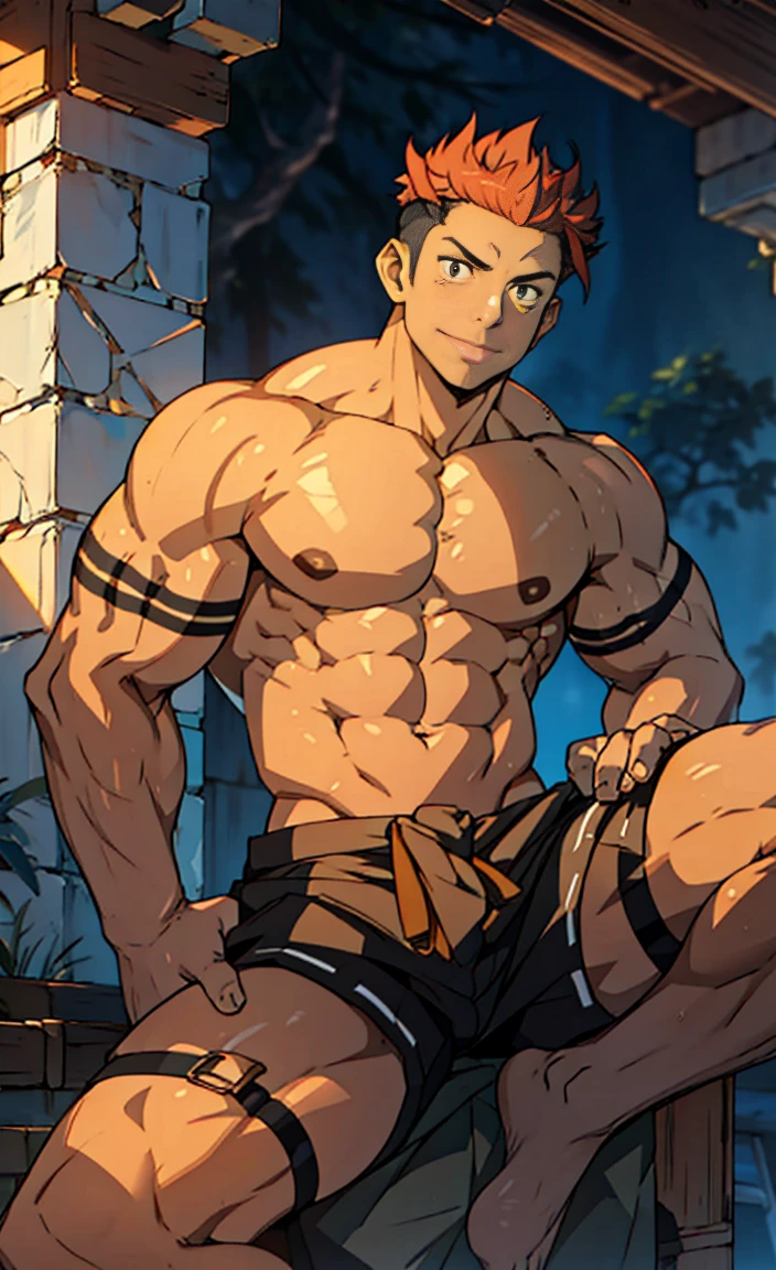 (A corner of the photo from bottom to top) (Highest quality images) Lion Man ,real, young, , Wearing shorts, Crotch protrusion, Anime Character, sit on the floor, Legs open, male face, bonito rosto young, Undercut Hair, Huge chest muscles, 大腿muscular, Biceps tendon, Huge body, Toned body due to intense training, muscular, 8-pack clear ABS, 3 meters high, Topless, , Glowing skin, Dihan.com, Hands on thighs, barefoot, No beard