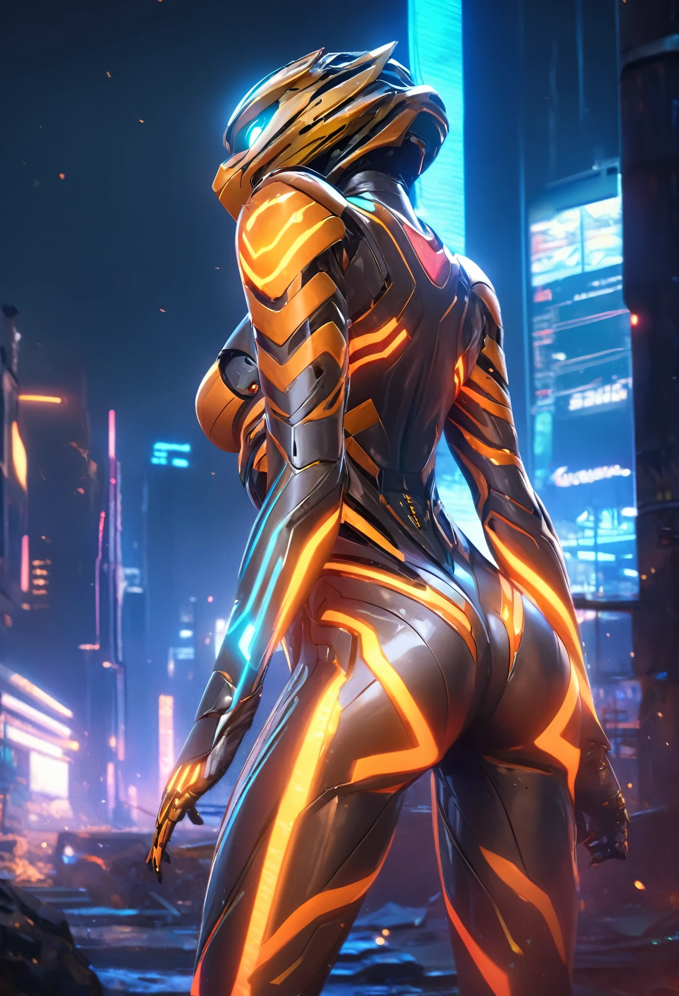 (best quality,4k,8k,highres,masterpiece:1.2),ultra-detailed,(realistic,photorealistic,photo-realistic:1.37),(from behind:1.5),1 android girl, beautiful detailed eyes, beautiful detailed lips, extremely detailed eyes and face, longeyelashes, metallic skin, mechanical body,sleek design,fierce expression,tiger-inspired features,striking orange and black stripes,glowing neon lights,wisps of exhaust smoke,urban sci-fi setting,gritty atmosphere,city skyline in background,high-tech gadgets and accessories,visually stunning,concept artists,impressive digital artwork,vivid colors,dynamic perspective,dramatic lighting,emitting ethereal glow,sharp focus,extraordinary details,highly detailed robotic limbs,sleek and polished surface,industrial style,enhanced strength and agility,androids resembling wild animals,mixture of beauty and power,exuding a sense of mystery,intense and captivating scene,blurring the boundaries between machine and nature, (glowing tiger eyes:1.5)