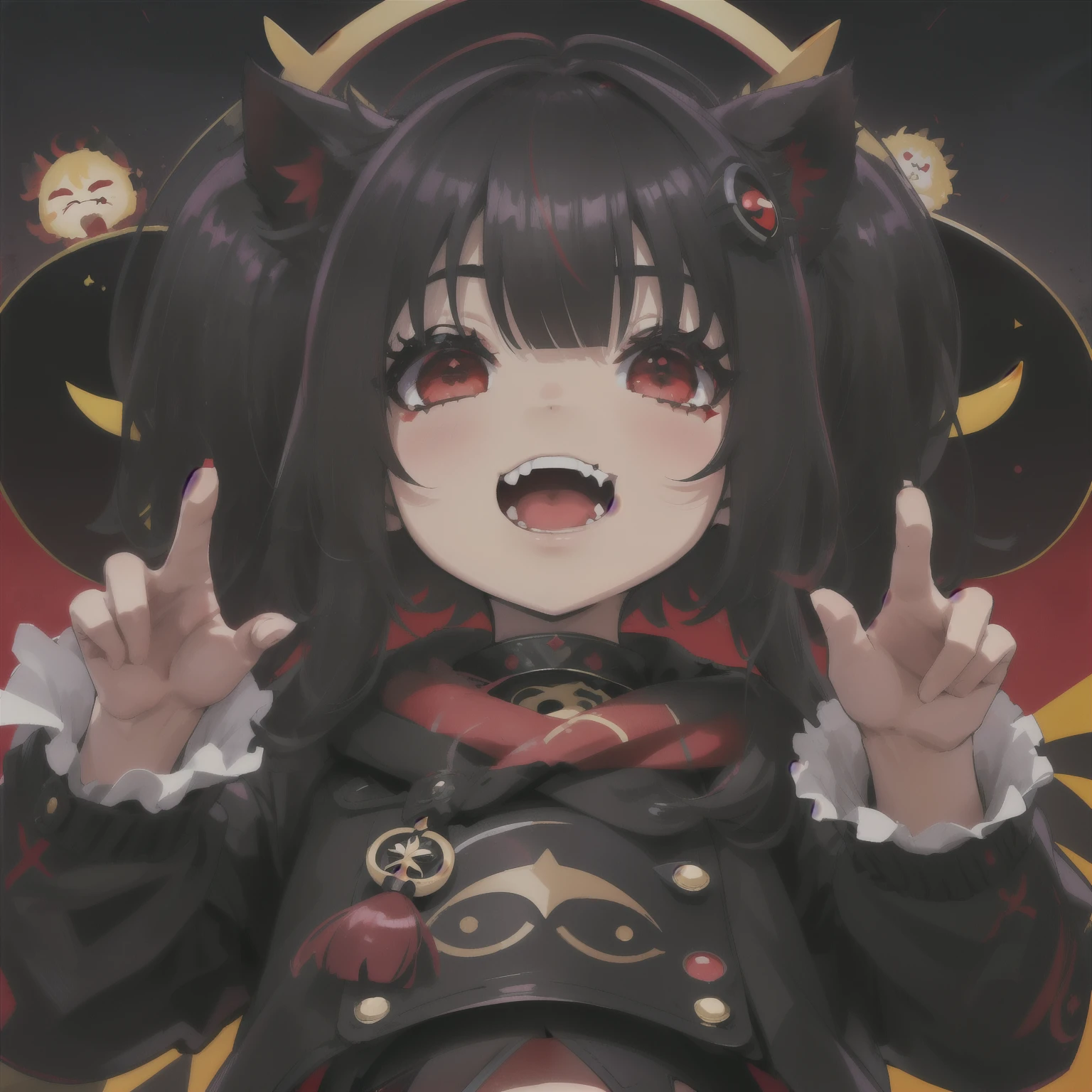 de cerca, chibi, presumido, 1 chica, junkotvv pelo negro con flequillo, orejas de gato, ojos rojos \(impacto genshin\), solo, pelo negro, pelo entre los ojos, halo, mirando al espectador, golpes, adorno para el pelo, ojos rojos, sonrisa, :3, red eyes, Rubor, fondo sencillo