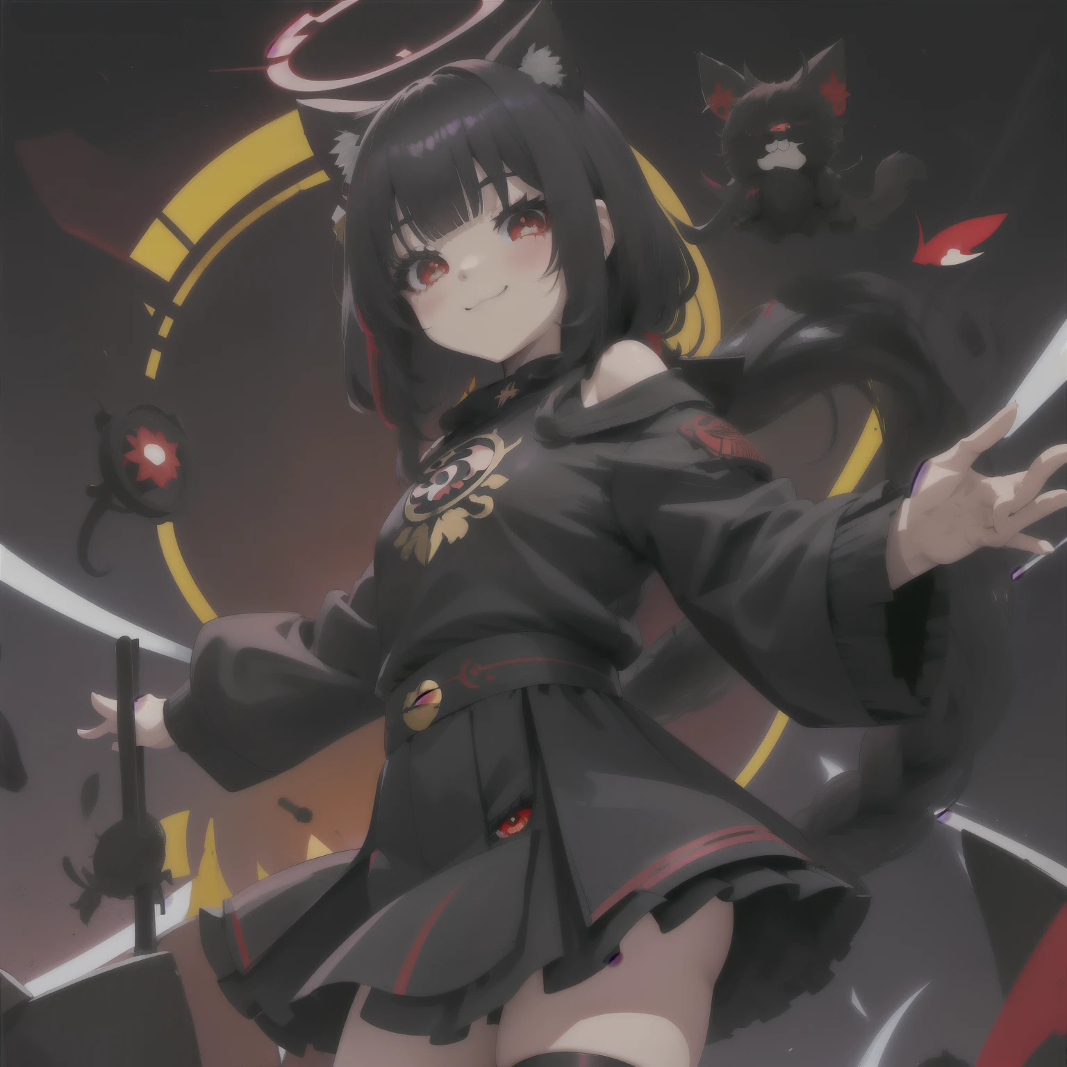 de cerca, chibi, presumido, 1 chica, junkotvv pelo negro con flequillo, orejas de gato, ojos rojos \(impacto genshin\), solo, pelo negro, pelo entre los ojos, halo, mirando al espectador, golpes, adorno para el pelo, ojos rojos, sonrisa, :3, red eyes, Rubor, fondo sencillo