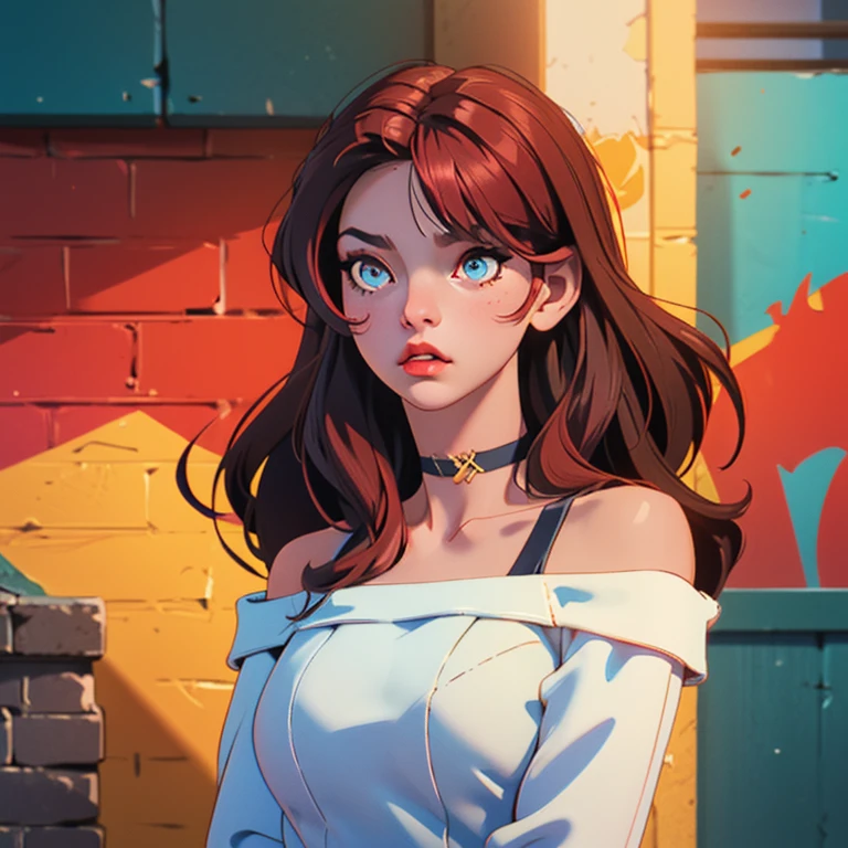 ultra realistic 8k cg, masterpiece, ((ultra detailed background, delicate pattern, intricate detail)), best quality, intricate details, chromatic aberration, 1girl, long hair, golden hair, messy hair, red highlights, hair over one eye, sharp eyes, choker, brick wall, graffiti, dim lighting, alley, oversized shirt,off shoulder, see through white shirt, Masterpiece, best quality