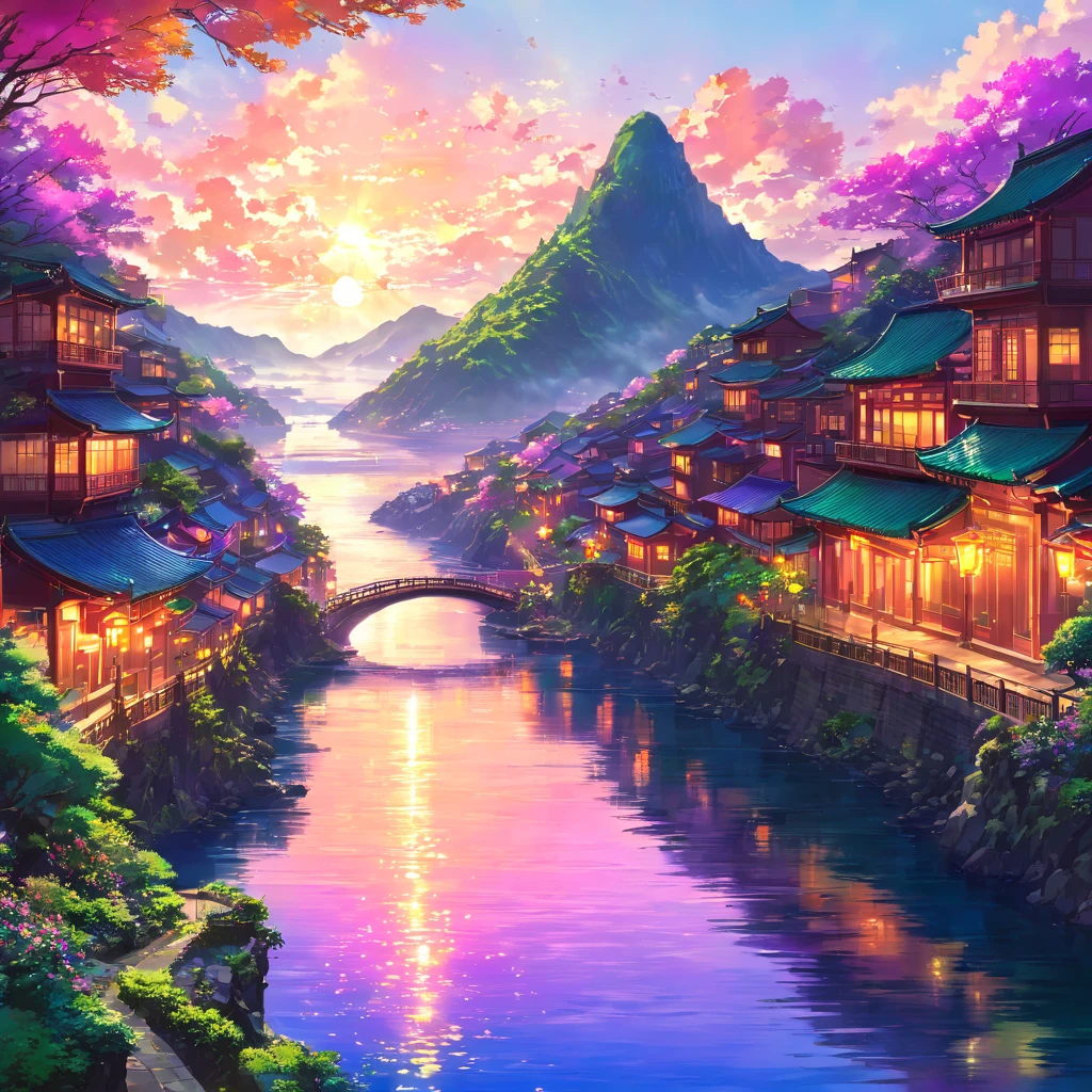 cloud, cloudOcean, Streetscape, City, building, Street lamp, orange, pink, purple, blue, Gradation, evening, dusk, null, sun, light, god々Shii, Fantasy, 美Shii, Magnificent, Mountain, river, Ocean, bridge, green, nature, Harmony, peace, Healing,,beautiful Anime Scenery, Landscape painting, 美Shiiデジタル絵画, Andreas Rocha, 美Shiiアートワークのイラスト, 素晴らShii壁紙, Raymond Han, 背の高い美Shii絵画, スタジオグリブリー 新Ocean誠, 美Shii壁紙, Anime Scenery