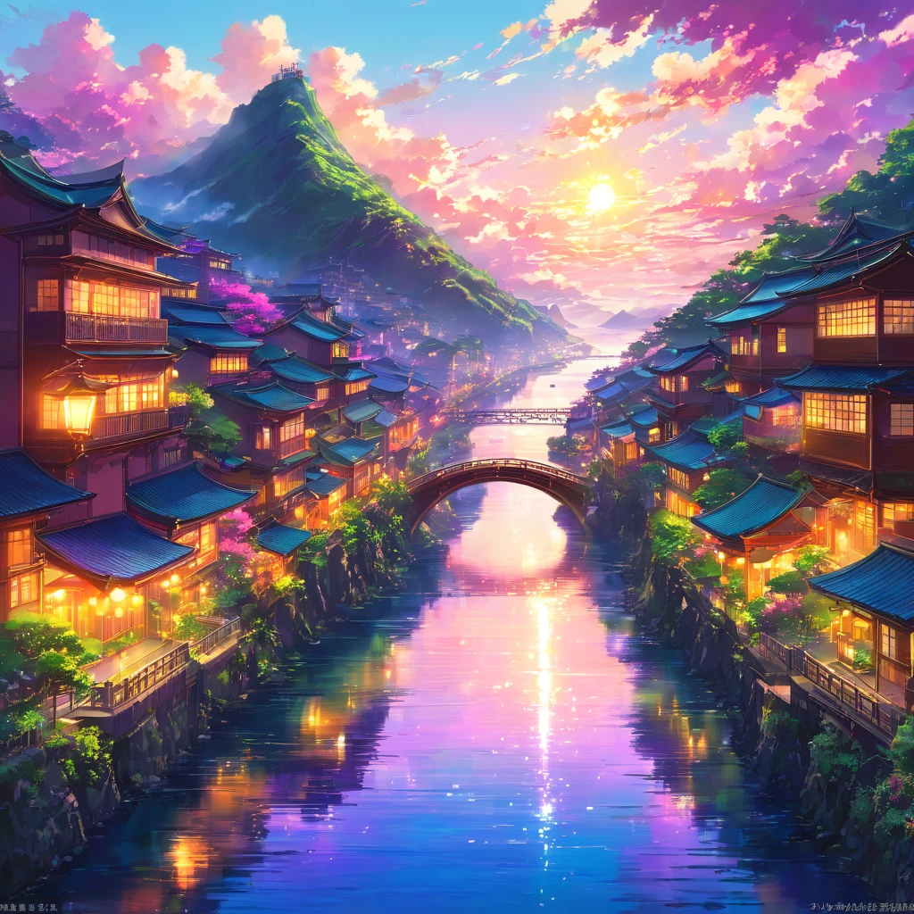cloud, cloudOcean, Streetscape, City, building, Street lamp, orange, pink, purple, blue, Gradation, evening, dusk, null, sun, light, god々Shii, Fantasy, 美Shii, Magnificent, Mountain, river, Ocean, bridge, green, nature, Harmony, peace, Healing,,beautiful Anime Scenery, Landscape painting, 美Shiiデジタル絵画, Andreas Rocha, 美Shiiアートワークのイラスト, 素晴らShii壁紙, Raymond Han, 背の高い美Shii絵画, スタジオグリブリー 新Ocean誠, 美Shii壁紙, Anime Scenery
