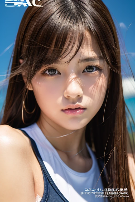 Sexy big 、Sexy cute looks and cute  beautiful girl, Beautiful and sexy face、A strong wind blows my hair in front of my face、With straight blonde hair、Beautiful, cute and sexy eyes hidden behind long bangs、Tops Fluorescent Bikini、Shorts、1 cut、１shot、