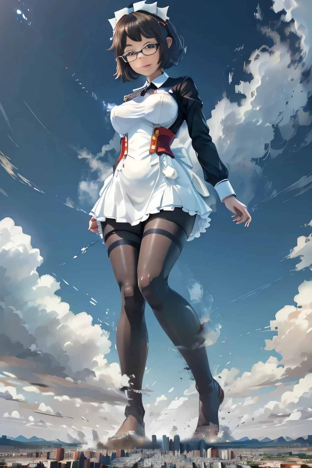 giantess art, highly detailed giantess shots, giantess, Two legs, Five fingers, short hair, A beautiful girl who is bigger than a skyscraper, Wearing rimless glasses, smile, Big Breasts, Maid clothes, Black Pantyhose, black pantyhose, no shoes on, toes visible through pantyhose, Steam coming out from the soles of my feet, Destroying cities, A very small big city, Miniature metropolis, Full body description, GTS, giga giantess, stomping city, crash city, tiny city, micro city, pantyhose feet, High resolution, highest quality, masterpiece, Maid, maid, transparent bodystocking,