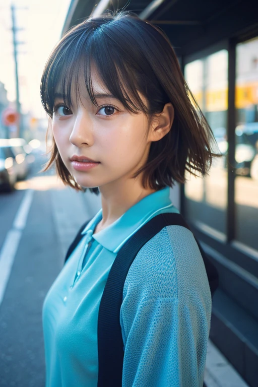Analog Style, RAWphotograph, photograph, Hyperrealistic, amateur photo shot , Aesthetic artwork, ((Magazine Cover、Large text)), On the city streets, Detailed skin, detailed natural raw light, Very detailedな, Cinematic, highest quality, Super detailed, Very detailed, grain, noise, Heading, stylish, font, Memorable、A boyish and healthy beautiful girl,((Flowing sweat)) Beautiful Eyes, Realistic eyes, Beautiful details in the eyes, (Realistic Skin),Japanese Idols、short hair、High school girl、Short skirtチョーカー