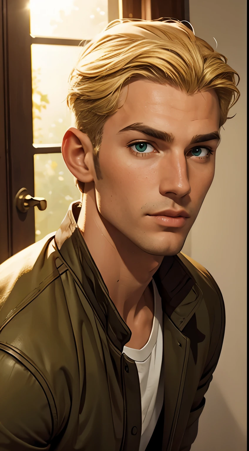 masterpiece, best Quality 1:4, tall handsome man with blonde hair and green eyes, light skin, medium short hair portrait