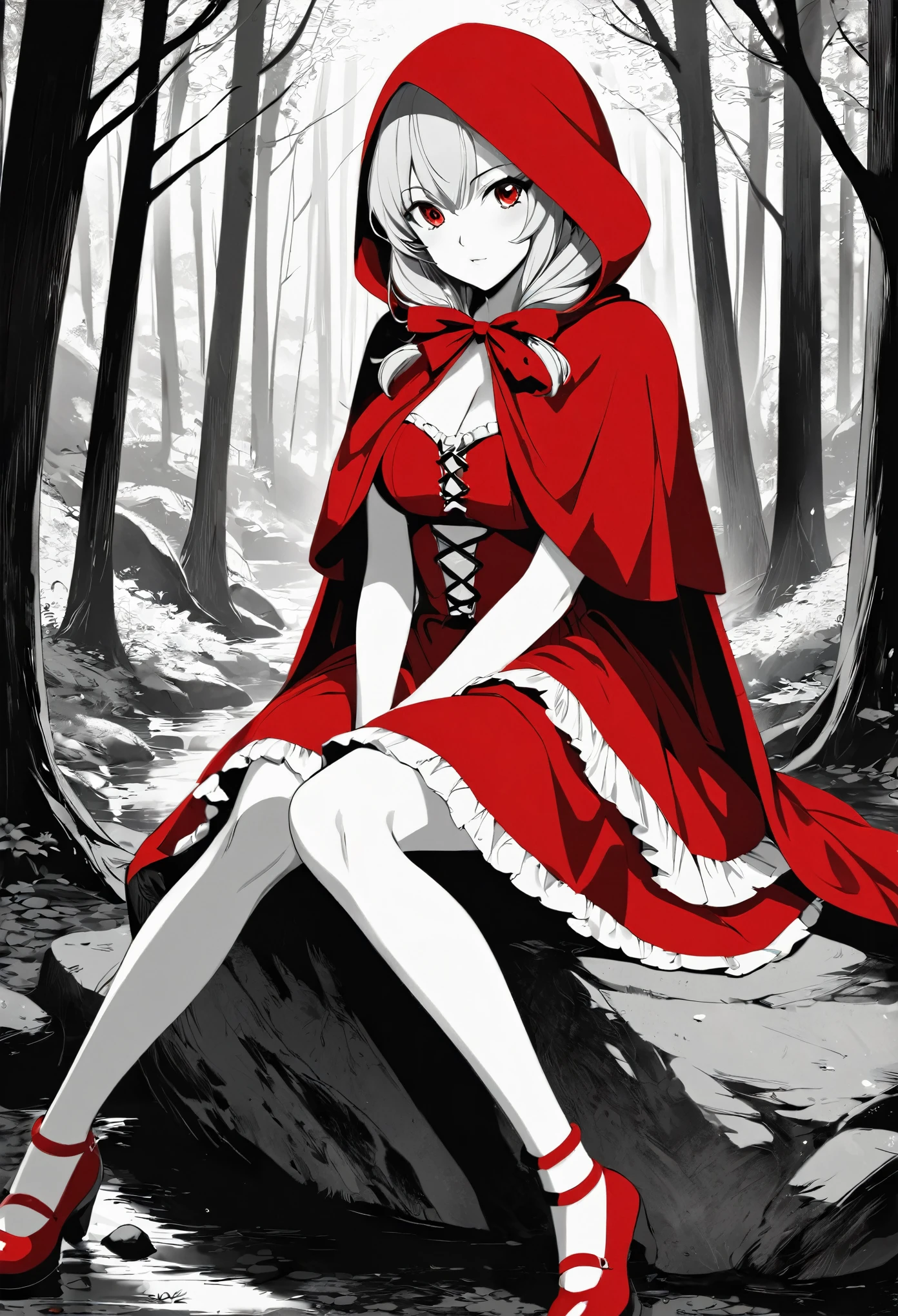 anime girl in red riding hood sitting on rock in forest, fantasy art, grayscale phtoto with red dress, red riding hood, dressed in a beautiful red cloak, little red riding hood, thief red riding hood, beautiful anime art style, high quality anime art, high quality anime artstyle, at pixiv,