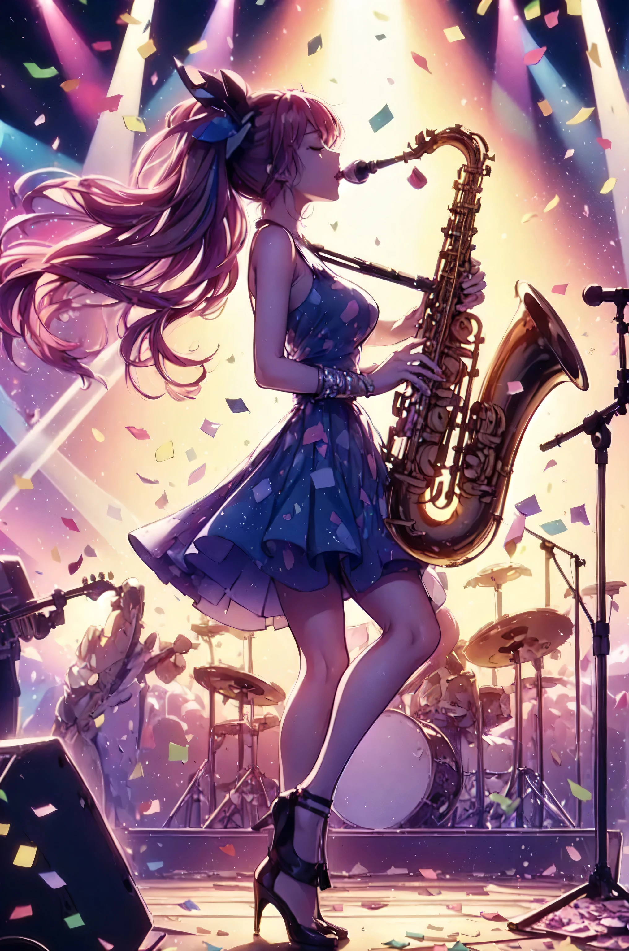 Only one female, (Playing the saxophone), (Dynamic pose), (Stylish clothing), Mature Woman, /(Pink Hair/) bangs, (((Half Twin Tail))),(I closed my eyes a little.), (Saxophone in mouth), (Masterpiece of the highest quality:1.2) Delicate illustrations, super detailed, Big Break (Colorful confetti:1.2) Dance Down Break (Music Stage) indoor, Colorful confetti, Spotlight, audience, Detailed Background,Megumi Aikawa,