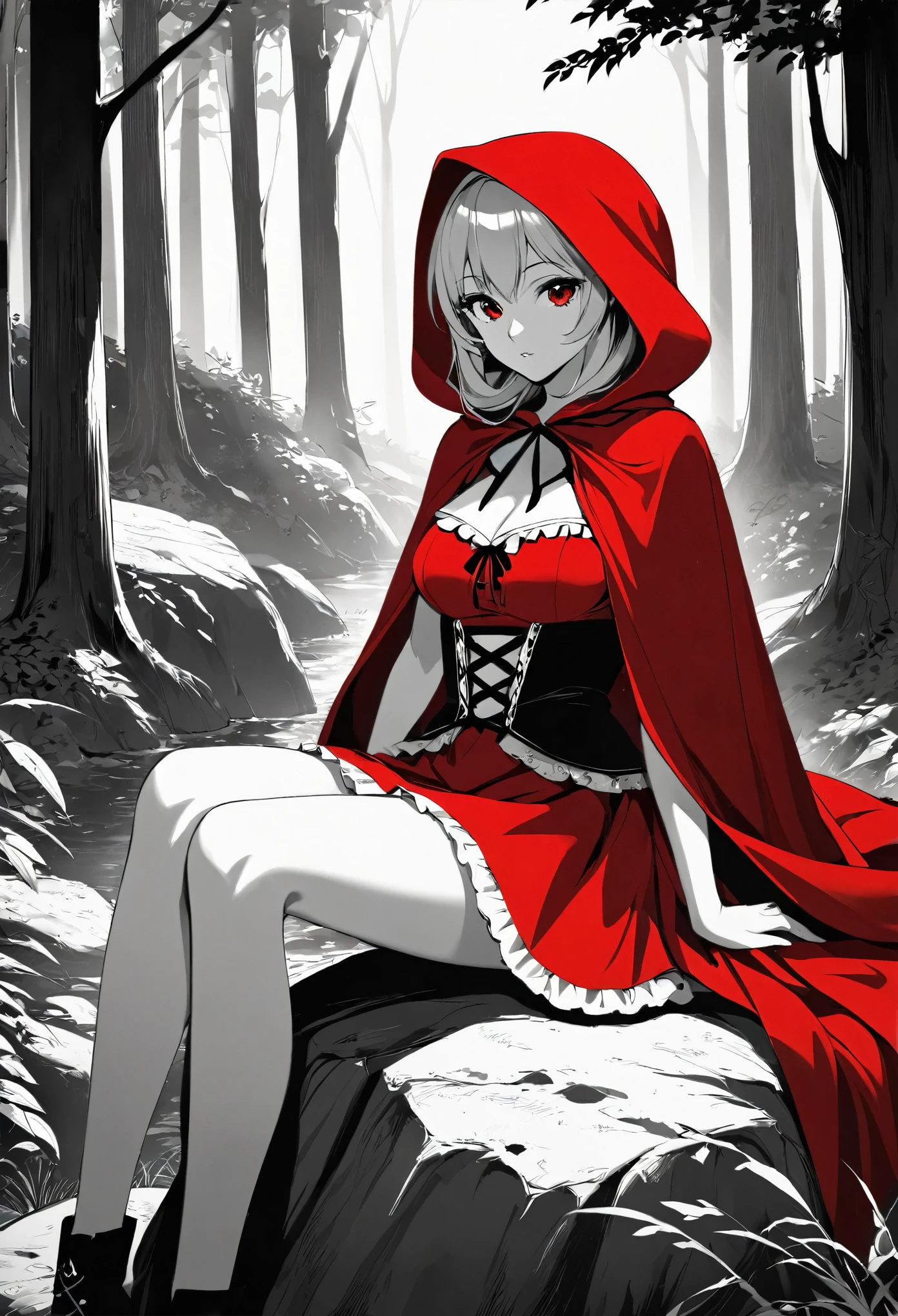 anime girl in red riding hood sitting on rock in forest, fantasy art, grayscale phtoto with red dress, red riding hood, dressed in a beautiful red cloak, little red riding hood, thief red riding hood, beautiful anime art style, high quality anime art, high quality anime artstyle, at pixiv,