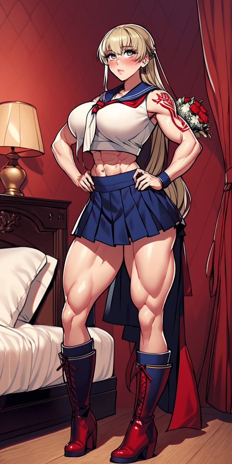 woman bodybuilder with very large calves very beautiful resemblance sailor uniform, full body standing symmetrical lustful smirking smile face (red blush), martial art, bouquet of flowers holding, full body toe to head, feet together, high boots, big breast, paladin warrior knight, hands on hips. red tattoo on belly, bedroom background, royal bedroom,
