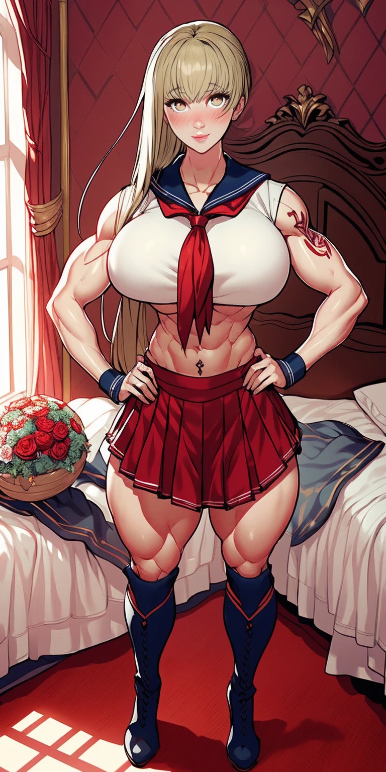 woman bodybuilder with very large calves very beautiful resemblance sailor uniform, full body standing symmetrical lustful smirking smile face (red blush), martial art, bouquet of flowers holding, full body toe to head, feet together, high boots, big breast, paladin warrior knight, hands on hips. red tattoo on belly, bedroom background, royal bedroom,
