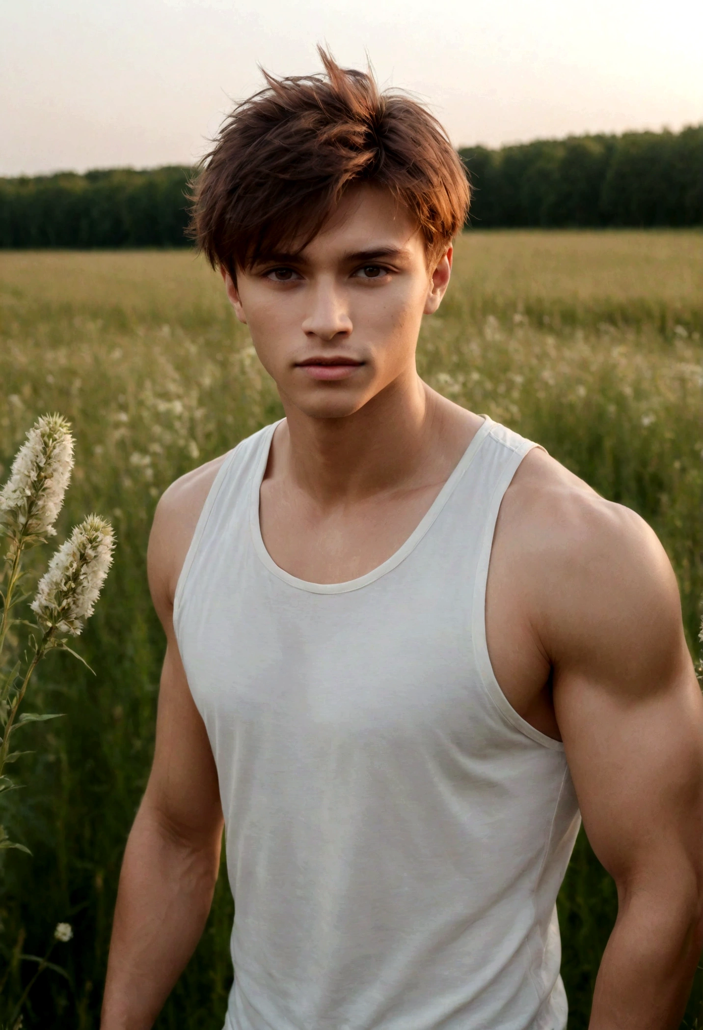 A handsome boy with flowers, 25 years old, brown spiky hair, light hazel brown eyes, masculine pose standing in a meadow, mysterious lighting, muscular physique, looking into the camera, upper body close up, polish, 8k UHD, SLR camera, soft lighting, high quality, film grain, Fujifilm XT3