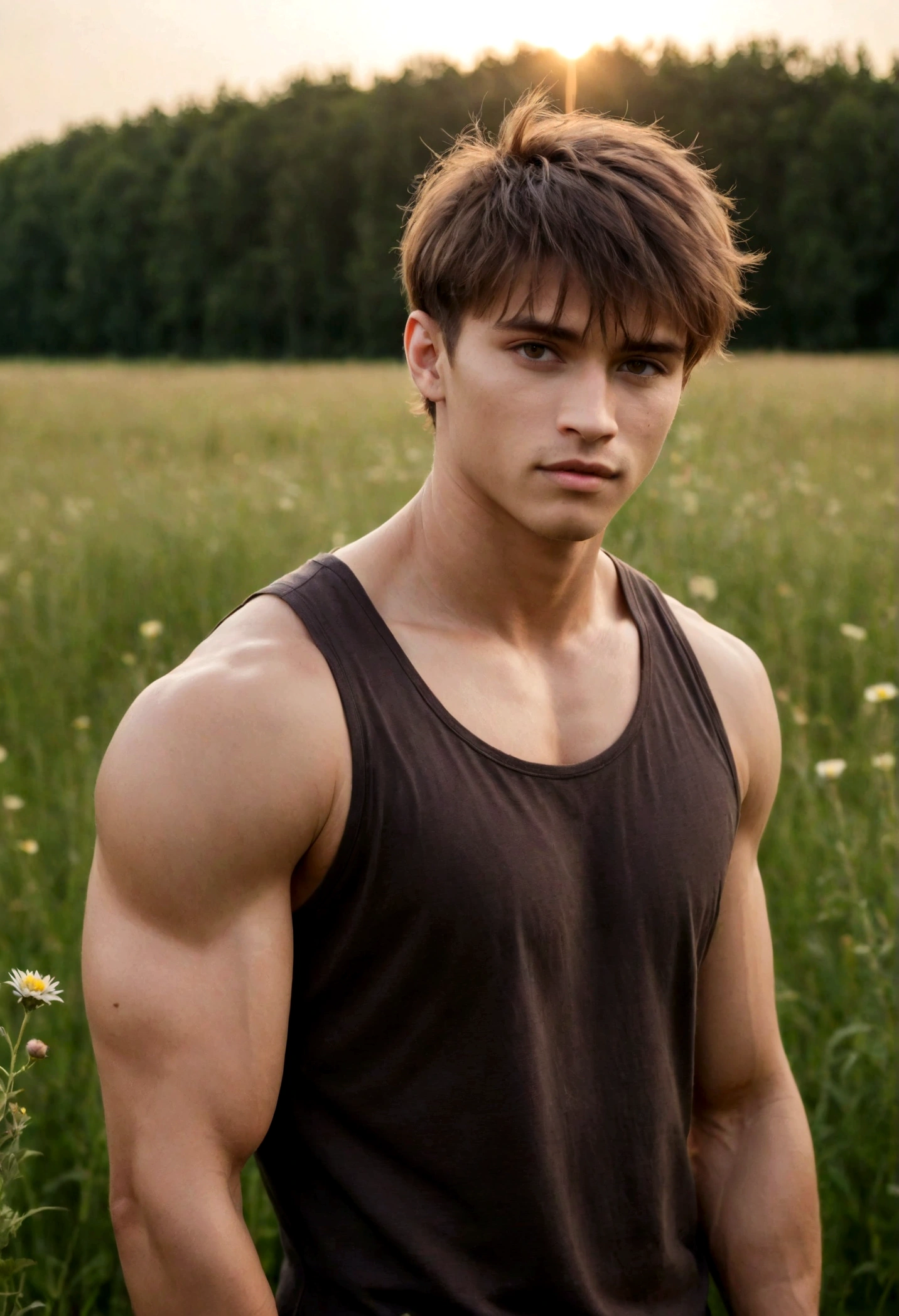 A handsome boy with flowers, 25 years old, brown spiky hair, light hazel brown eyes, masculine pose standing in a meadow, mysterious lighting, muscular physique, looking into the camera, upper body close up, polish, 8k UHD, SLR camera, soft lighting, high quality, film grain, Fujifilm XT3