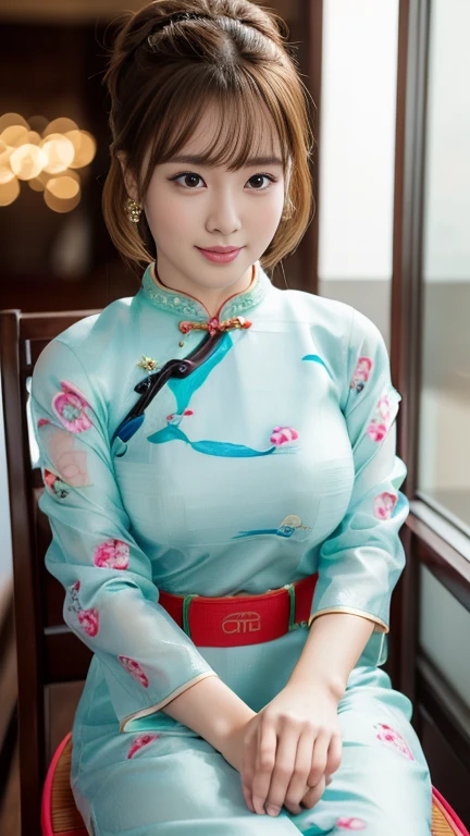 (RAW Photos:1.2), (Realistic:1.4), Beautiful detailed girl, Very detailed eyes and face, Beautiful details, Ridiculous, incredibly Ridiculous, Large file size, Very detailed, High resolution, Very detailed, highest quality, masterpiece, kemomimi, ((Japanese Girls)),、 shape, Very detailed, CG, Unified, 8k wallpaper, wonderful, Fine details, masterpiece, highest quality, Very detailed CG uniform 8k wallpaper, Light on the face, Cinema Lighting,( One Girl),Feeling Face、(Big Ass)、(whole bodyショット)、((qipao:1.4))、((No sleeve))(Ample breasts:1.3)、28 years old、very, hair bun、Shiny light brown hair、((Looking into the camera:1.4))、(Big Smile 1:4), (whole body), Sitting in a chair, Crossing your legs,restaurant