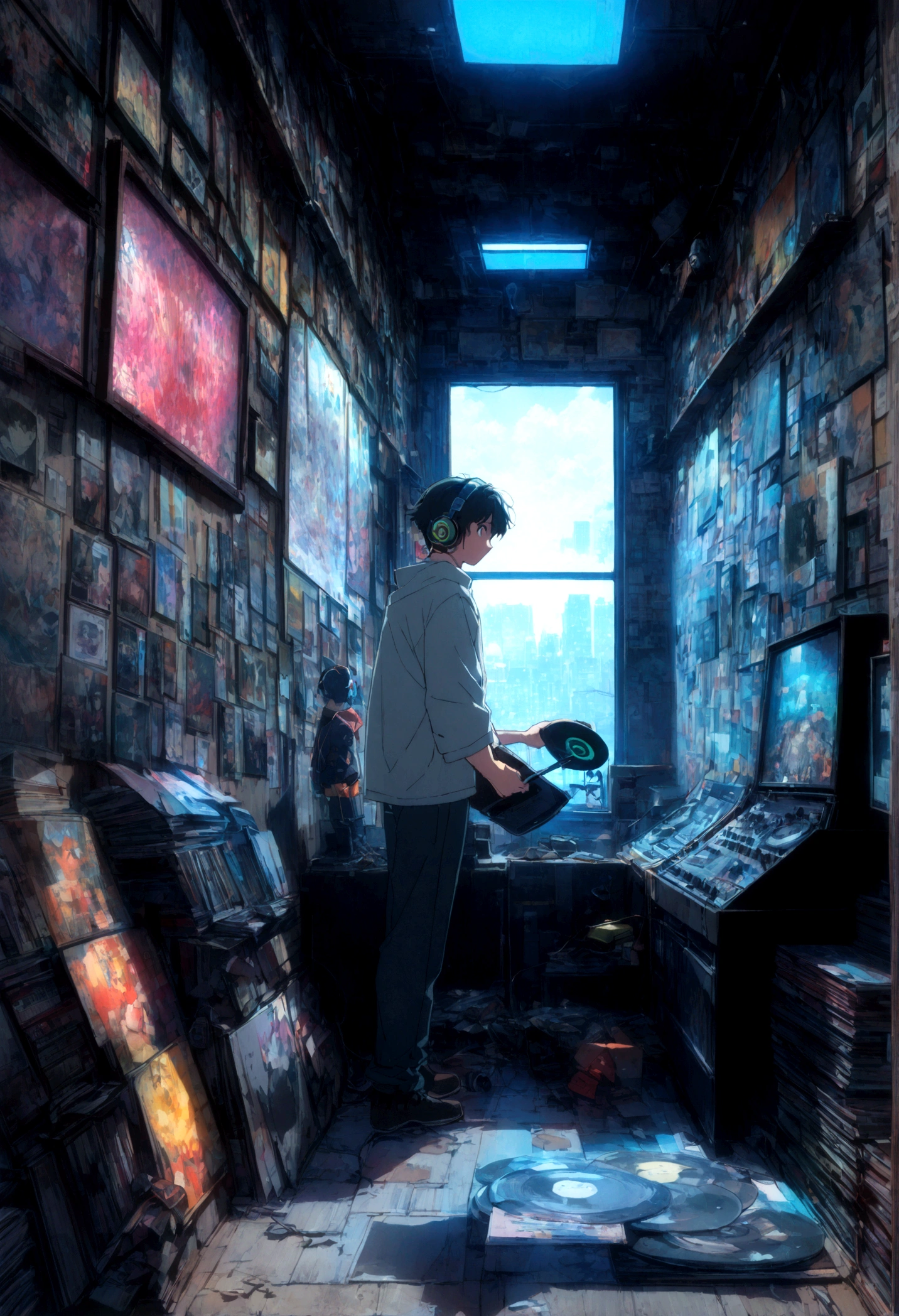 1 boy,Photo of a man wearing headphones and listening to music, Text Why you?, Super detailed, Vintage Wave, cyber punk, Sad mood, Light coming through the window, nightの風景, One Bedroom, 2D, (Shot from a distance), Wide Shot, (Movie noise), Old cartoons, (Many records: 1.3), vinyl record store, (masterpiece, Very high quality, Very high quality, Official Art, beautifully、aesthetic: 1.2), (Very detailed, (Fractal Art: 1.4 ), guitar, (Note: 1.4), (Lo-fi hip hop), Side view, Old Anime Texture, alone, speaker, cyber punk, vinyl, night，Exquisite facial details，Cool guy