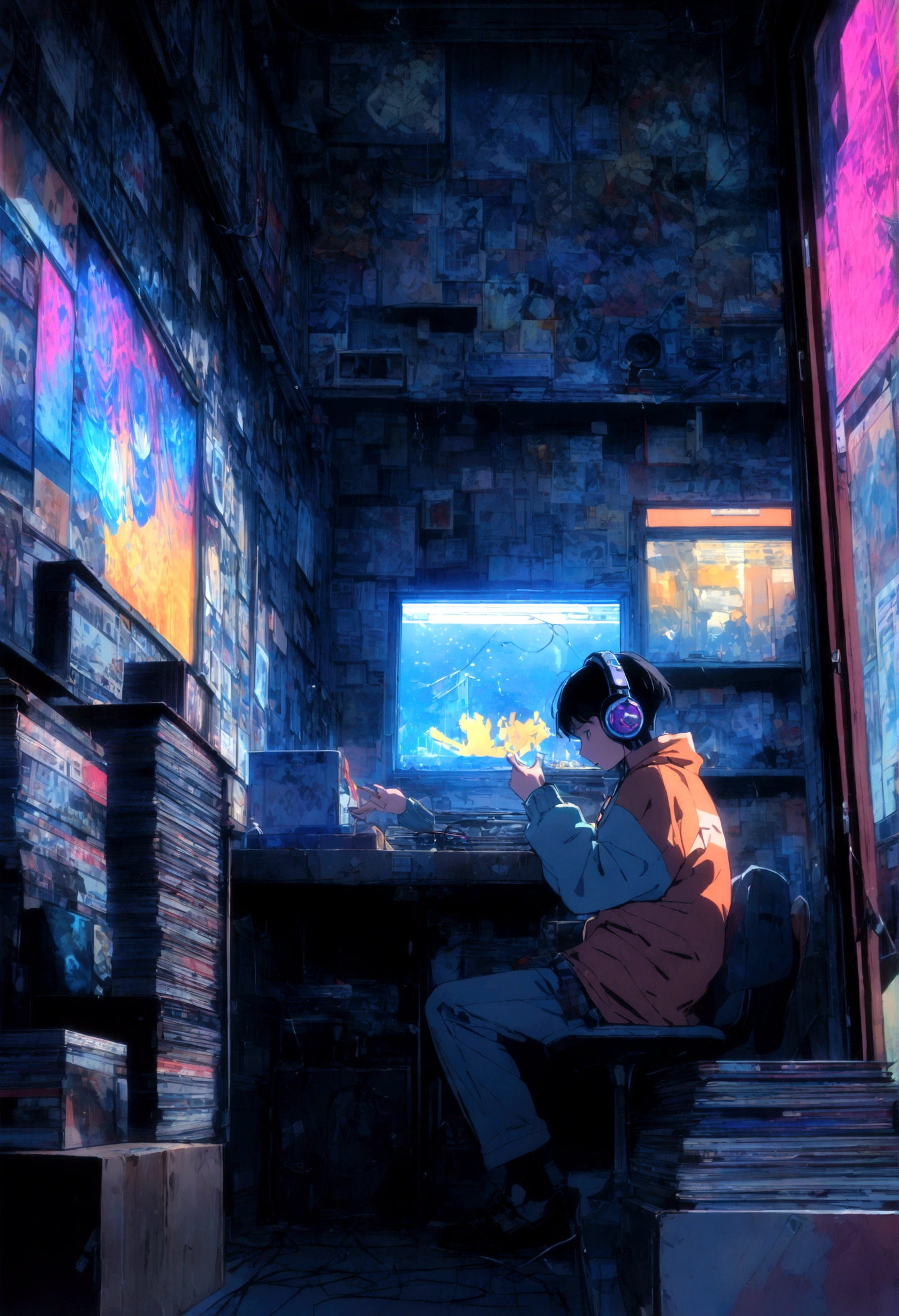 1 boy,Photo of a man wearing headphones and listening to music, Text Why you?, Super detailed, Vintage Wave, cyber punk, Sad mood, Light coming through the window, nightの風景, One Bedroom, 2D, (Shot from a distance), Wide Shot, (Movie noise), Old cartoons, (Many records: 1.3), vinyl record store, (masterpiece, Very high quality, Very high quality, Official Art, beautifully、aesthetic: 1.2), (Very detailed, (Fractal Art: 1.4 ), guitar, (Note: 1.4), (Lo-fi hip hop), Side view, Old Anime Texture, alone, speaker, cyber punk, vinyl, night，Exquisite facial details，Cool guy
