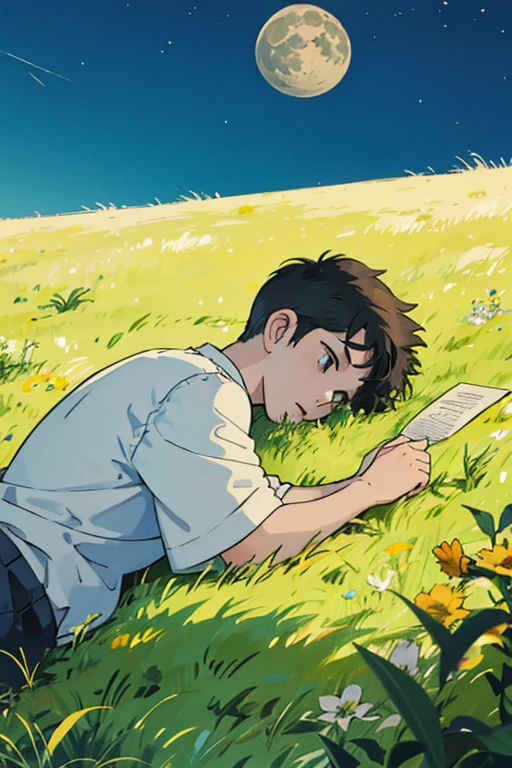 Drawing of a boy lying sad on the grass looking at the sky enjoying the moon