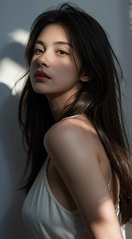 best quality, Masterpiece, Ultra high resolution, (realistic:1.5), raw photos, 1 girl,, in the dark, deep shadow, low voice, cool light, sexy look, long straight hair, smooth ,not wearing clothes , sexy, good silk , leaf shadow, sheer