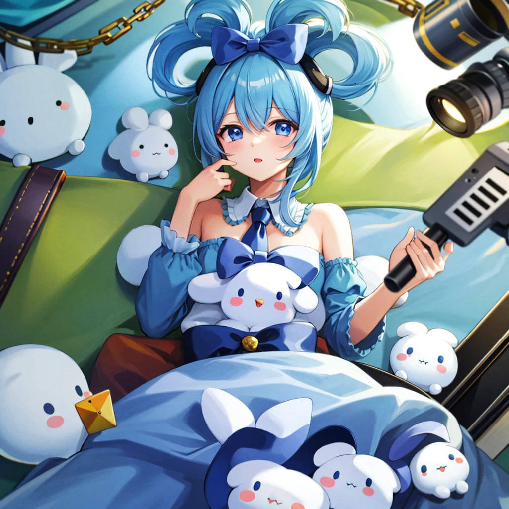 One girl, alone, Cinnamiku, Blue Hair, blue eyes, Hair Ring, Hair Ribbon, (Blue ribbon), (Cinnamoroll, Tie your ears, Sanrio, 1Other, Life form:1.2), Black sleeves, Exposing shoulders, Blue tie, Wide sleeves, Collared shirt, Removable sleeves, Tic, Blue tie, Ruffled collar, Frilled shirt, Fancy, cute, Cowboy Shot, microphone,