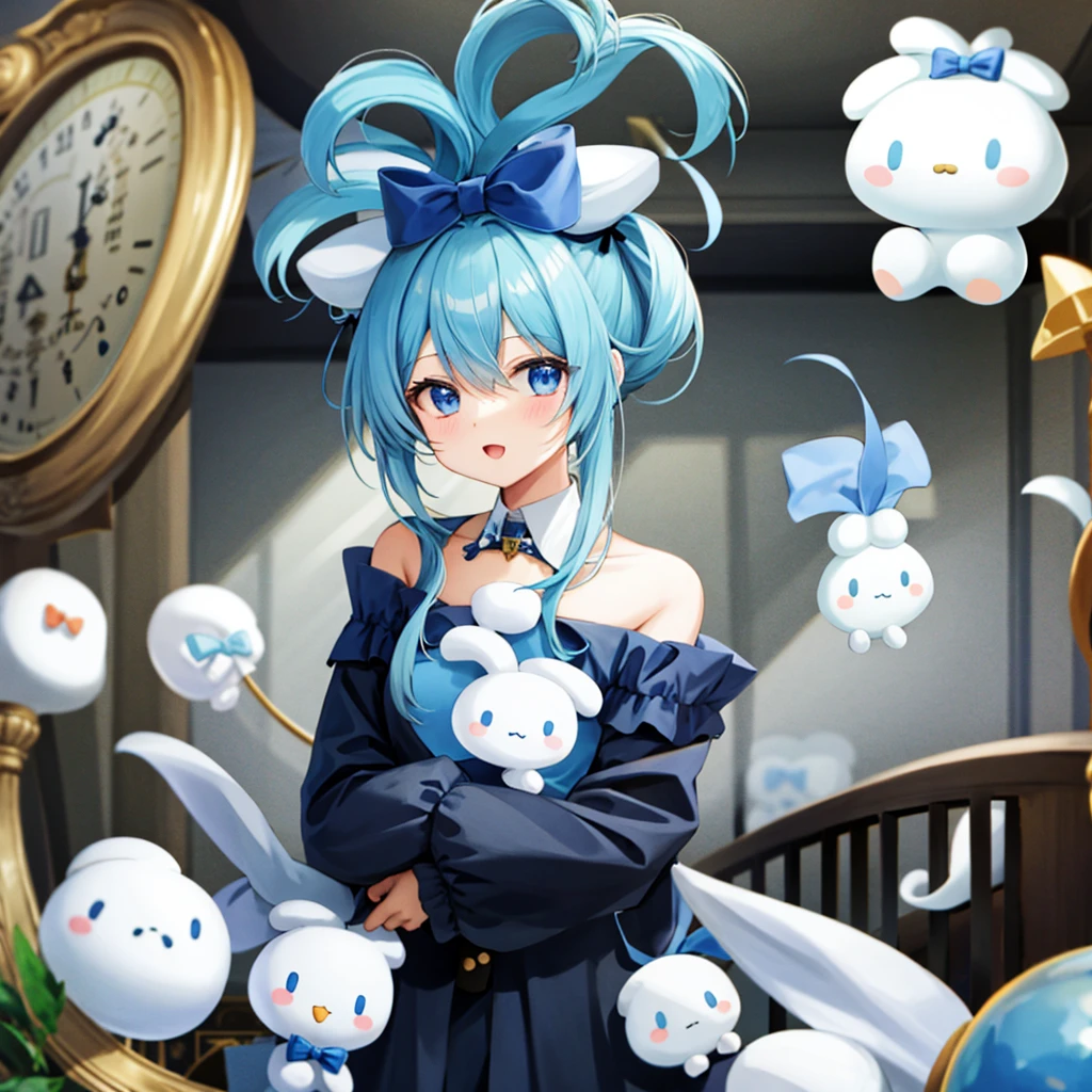 One girl, alone, Cinnamiku, Blue Hair, blue eyes, Hair Ring, Hair Ribbon, (Blue ribbon), (Cinnamoroll, Tie your ears, Sanrio, 1Other, Life form:1.2), Black sleeves, Exposing shoulders, Blue tie, Wide sleeves, Collared shirt, Removable sleeves, Tic, Blue tie, Ruffled collar, Frilled shirt, Fancy, cute, Cowboy Shot, microphone,