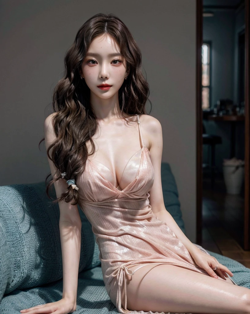 Flirting slip dress, absurdres, RAW photo, extremely delicate and beautiful, masterpiece, Best Quality, ultra high resolution, 32k, hyperrealistic, ultra-detailed, perfect anatomy, perfect figure, Perfect skin, super Detailed skin, muted coral blush, Closed mouth, 20 years old, very Slim body, narrow waist, very small head, very small face, delicate facial features, tearful mole, earring, thin legs, bare legs, (((very huge round breasts))), short medium hair, brown braid hair, ((wavy hair)), (1girl:1.5), (Anatomically correct), (Plump nipples), day light, coffeeshop, smile, sitting, Attractive pose, jewelry，