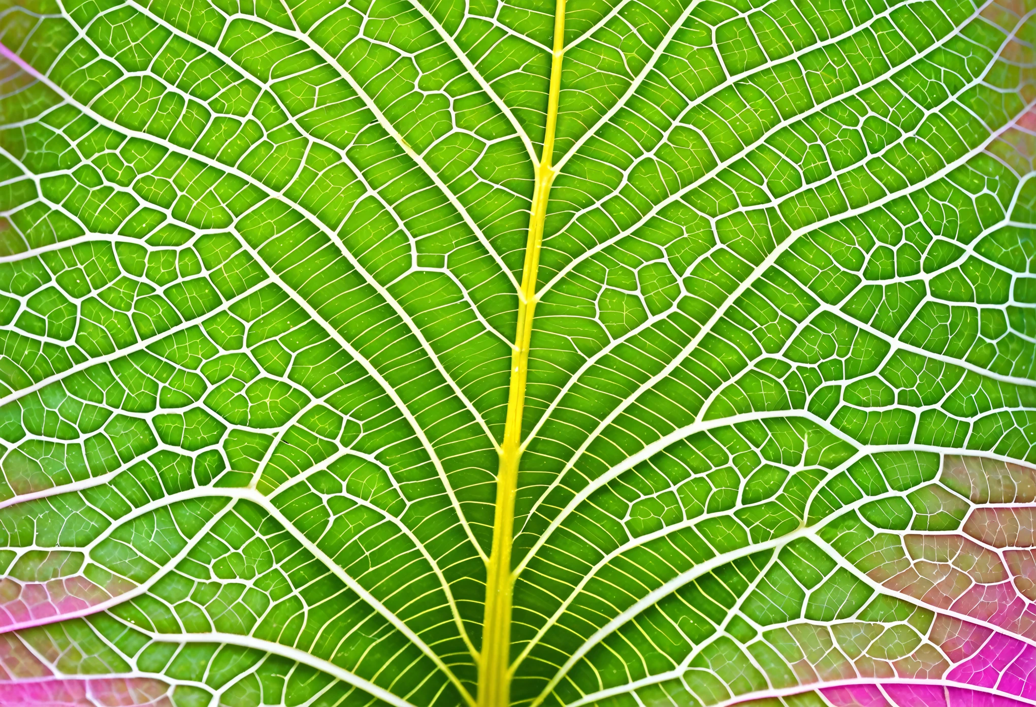 With shimmering hues of pastel pinks and greens, delicately symmetrical veins run through each cute and beautiful leaf. One leaf stands out, showcasing a mesmerizing rainbow of colors in perfect bilateral symmetry. This stunning image, likely a photograph, captures the essence of natural beauty at its finest. The flawless detail and vibrant colors leap off the page, creating a truly enchanting and high-quality visual experience.