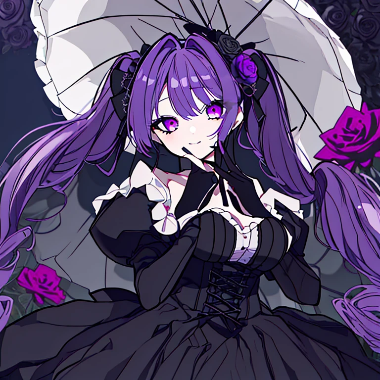 1 girl、Ample breasts、Purple Hair、Long Hair、Curly Hair、Twin tails、Drill curl long hair、Sharp Eyes、Black Dress、Shoulder Bare、Braided、lace fabric gloves、Lady、Ribbon on chest、A seductive smile、Black parasol、Frilled umbrella、In the rose garden、High resolution、highest quality