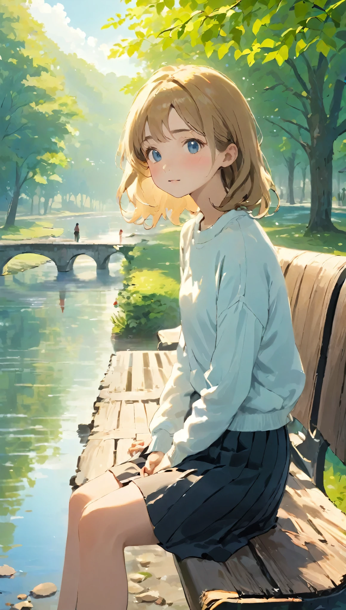 Anime girl sitting on a bench by a lake in a park - SeaArt AI