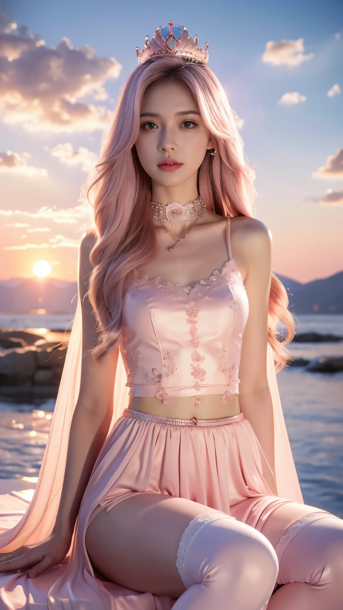photorealistic, 1girl, ((slim body)), long hair, gradient hair, solo, detailed eyes, jewelry, bracelet, choker, small breasts, looking at viewer, realistic, necklace, (((pink princess))), long skirt, thigh highs, pink cape, sardine, lace, evening, sunlight, clouds, in the sky, clouds, realistic sun light,, detailed, upper body, sitting,