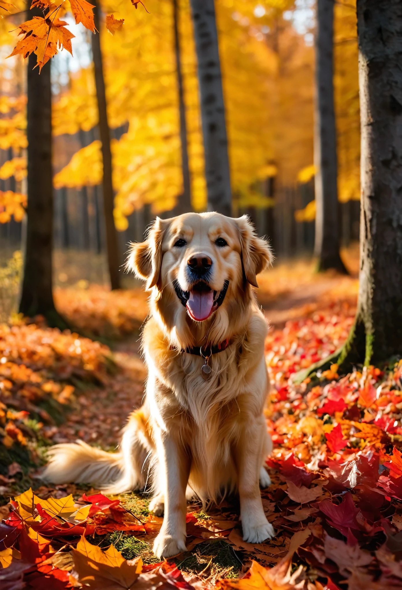 cinematic photo A golden retriever sits happily in a vibrant autumn forest. The dog's coat is a rich golden color,complementing the surrounding fall foliage. Bright red and orange leaves cover the ground,and the trees have a mix of golden and amber leaves. The forest is bathed in warm sunlight,creating a serene and picturesque atmosphere. The golden retriever looks content and joyful,with its tongue out and eyes sparkling,perfectly capturing the beauty and joy of a fall day in the forest,looking at the camera,cinematic,colorful background,concept art,8k,dramatic lighting,high detail,highly detailed,hyper realistic,intricate,intricate sharp details,octane render,smooth,studio lighting,trending on artstation.,cinematic  photorealistic,8k uhd natural lighting,raw,rich,intricate details,key visual,atmospheric lighting,35mm photograph,film,bokeh,professional,4k,highly detailed . 35mm photograph,film,bokeh,professional,4k,highly detailed
